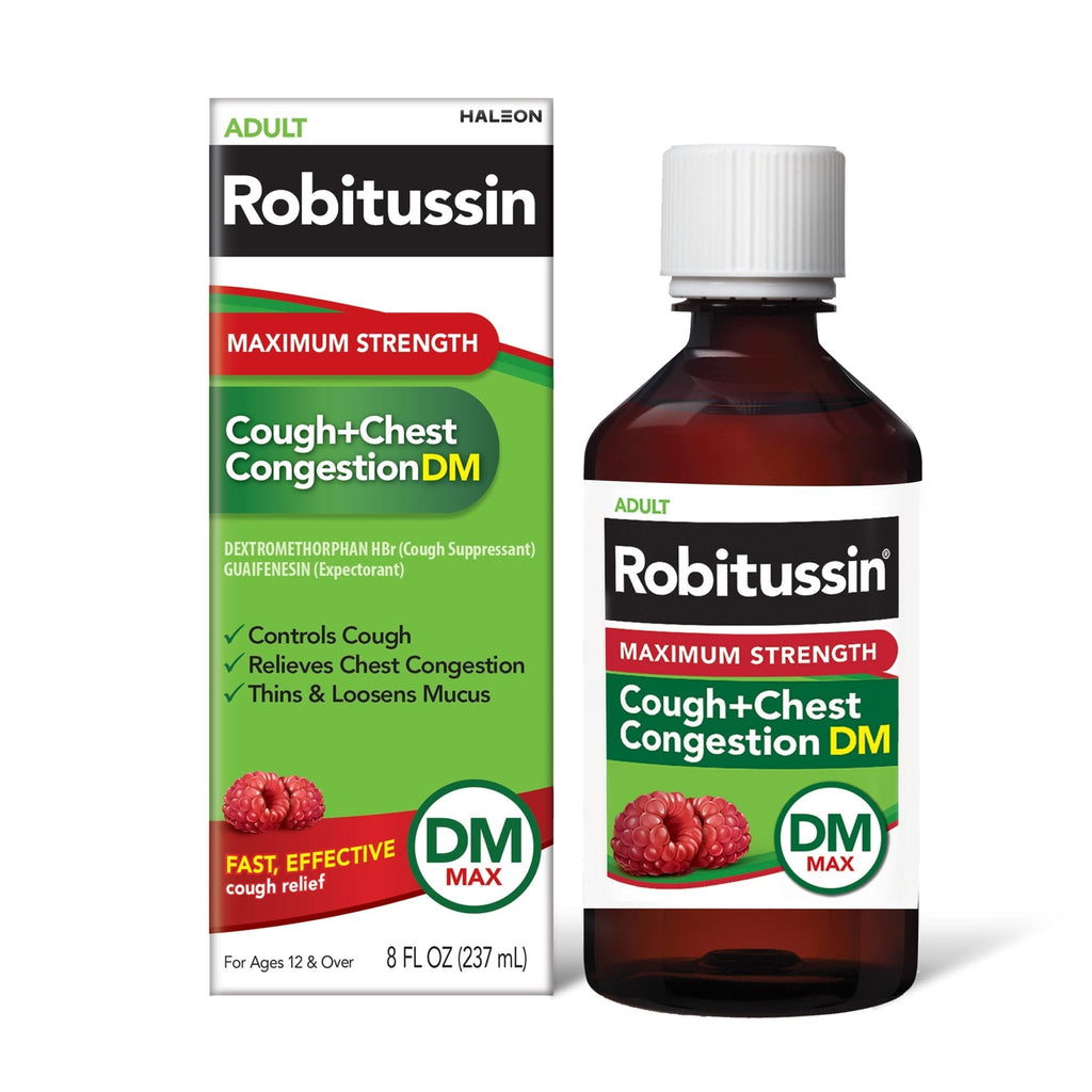 Robitussin Adult Maximum Strength Cough + Chest Congestion DM Max (8 fl. oz. Bottle), Cough Suppressant & Expectorant, Raspberry Flavor - Maple Wellness Supplements