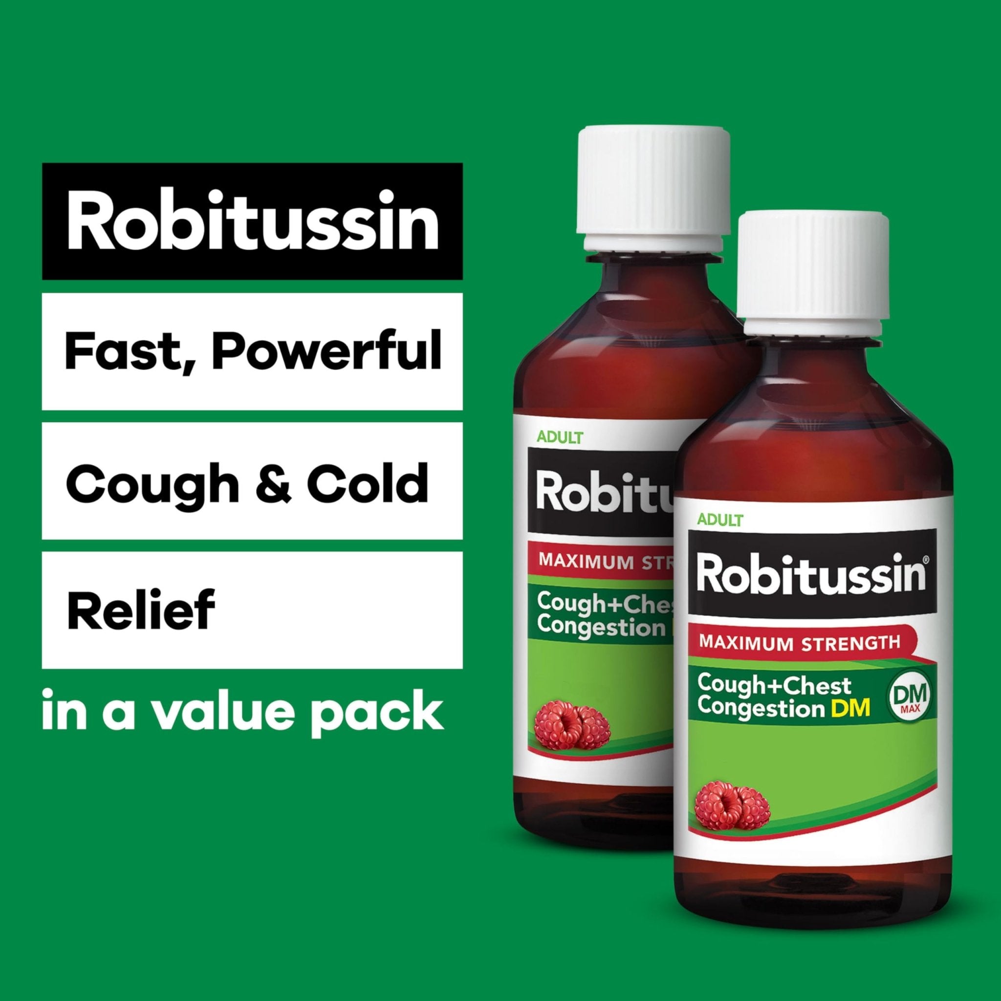 Robitussin Adult Maximum Strength Cough Plus Chest Congestion DM Max, Cough Suppressant and Expectorant, Raspberry Flavor, 8 Fl Oz x 2 - Maple Wellness Supplements