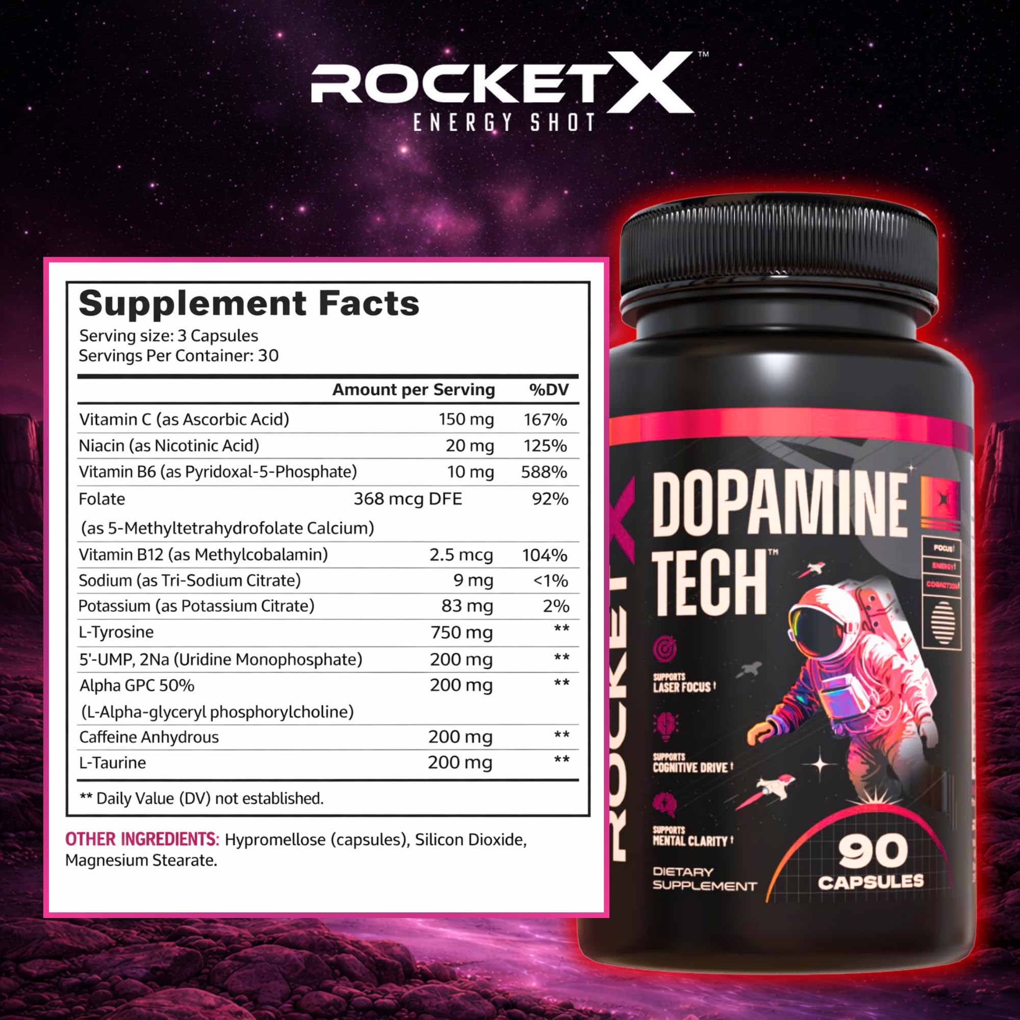 RocketX Dopamine Tech Brain Food Supplement, with L-Tyrosine and B Vitamins for Focus, Mental Clarity and Cognitive Drive, Vegan Capsules, 90 Capsules - TrustMedUSA
