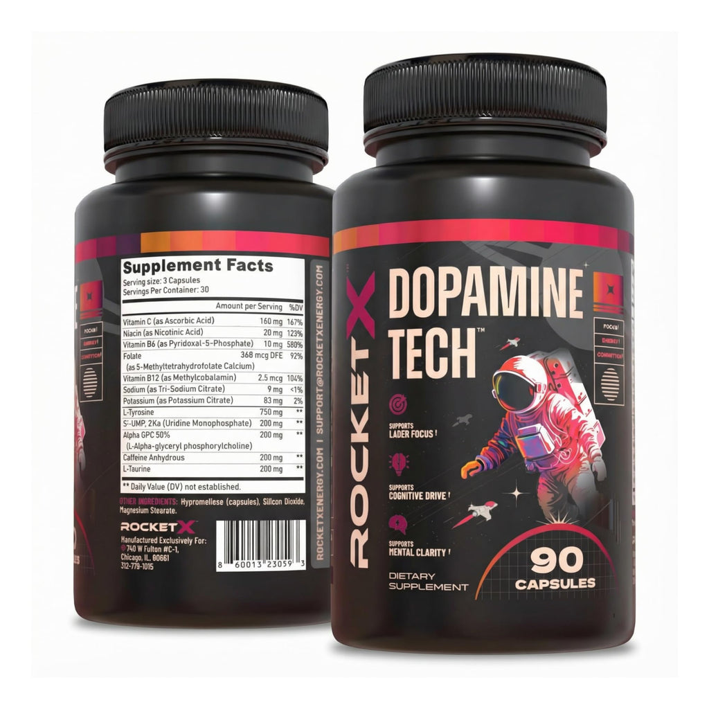 RocketX Dopamine Tech Brain Food Supplement, with L-Tyrosine and B Vitamins for Focus, Mental Clarity and Cognitive Drive, Vegan Capsules, 90 Capsules - TrustMedUSA