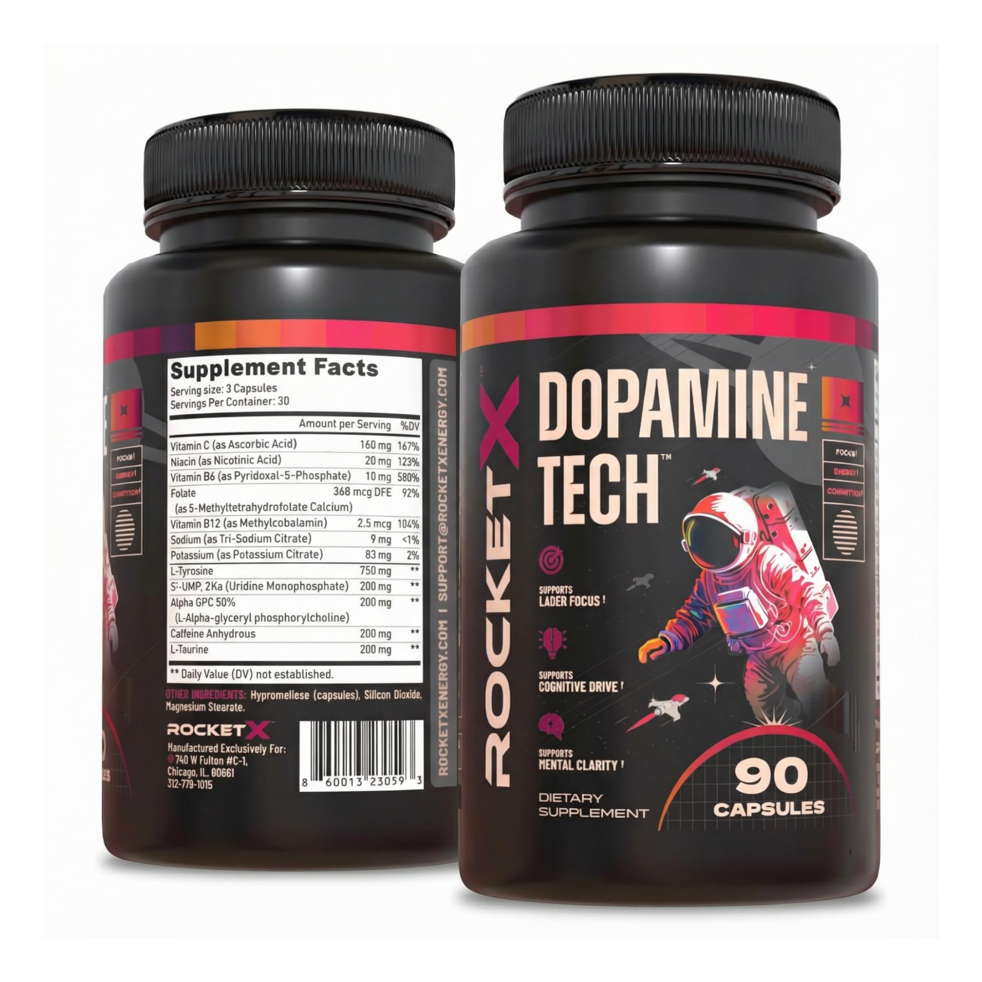 RocketX Dopamine Tech Brain Food Supplement, with L-Tyrosine and B Vitamins for Focus, Mental Clarity and Cognitive Drive, Vegan Capsules, 90 Capsules - TrustMedUSA