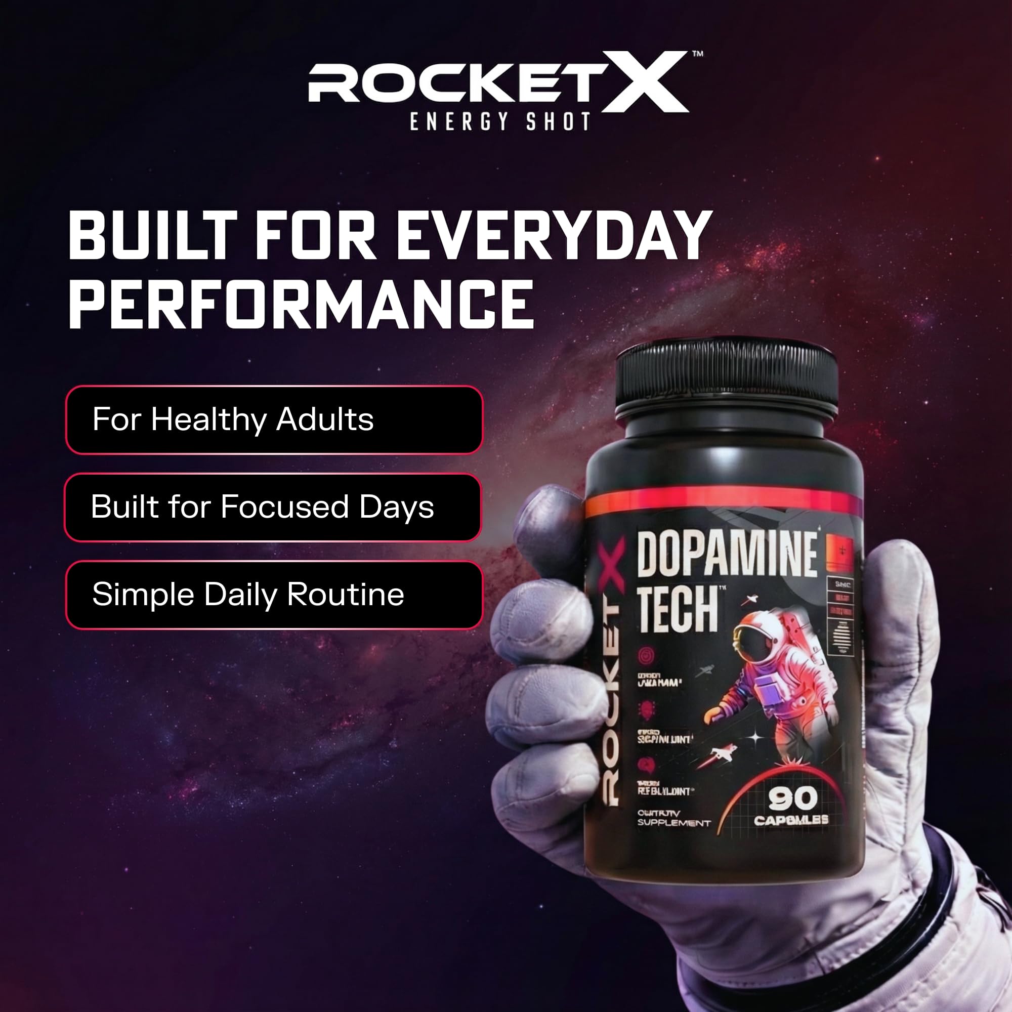 RocketX Dopamine Tech Brain Food Supplement, with L-Tyrosine and B Vitamins for Focus, Mental Clarity and Cognitive Drive, Vegan Capsules, 90 Capsules - TrustMedUSA