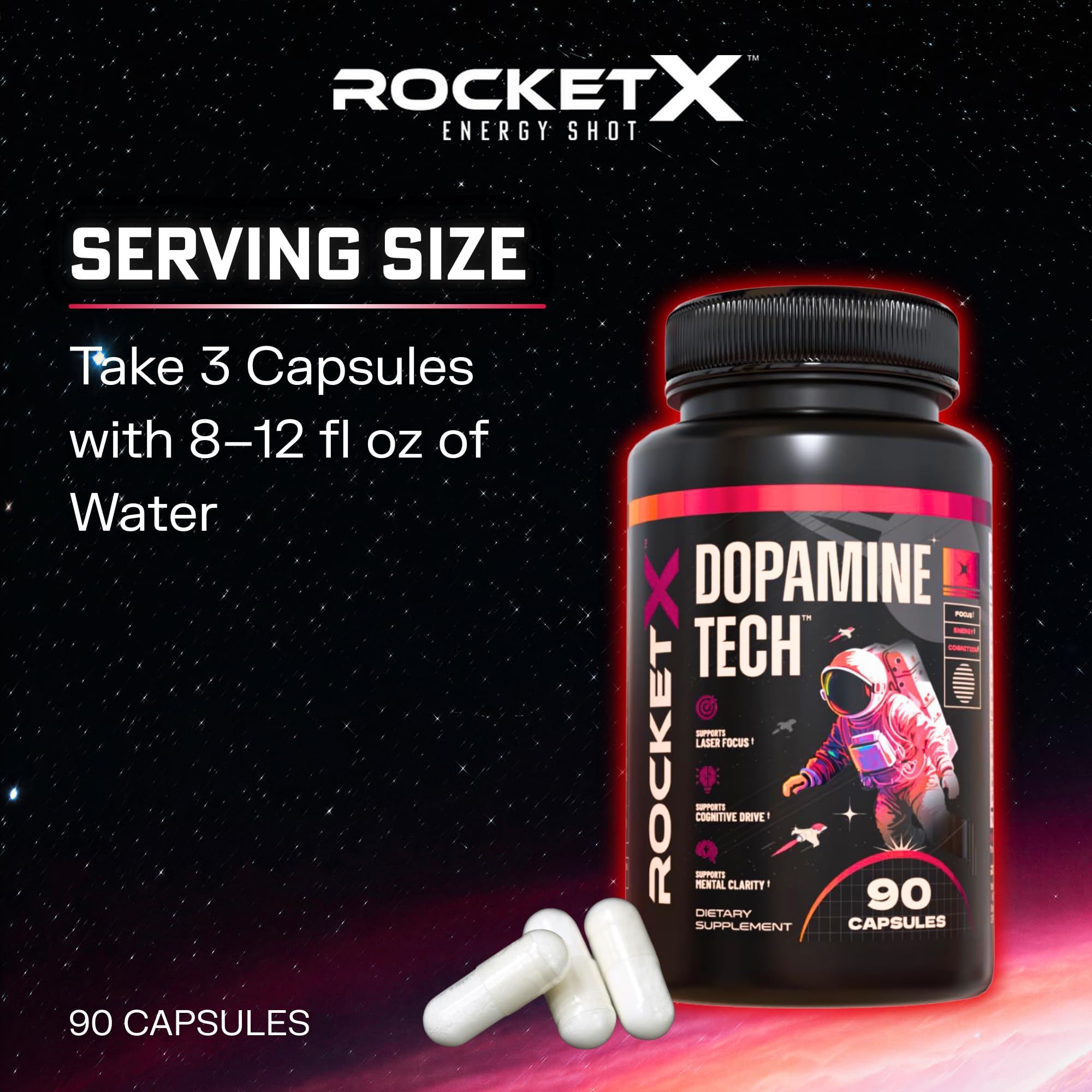 RocketX Dopamine Tech Brain Food Supplement, with L-Tyrosine and B Vitamins for Focus, Mental Clarity and Cognitive Drive, Vegan Capsules, 90 Capsules - TrustMedUSA