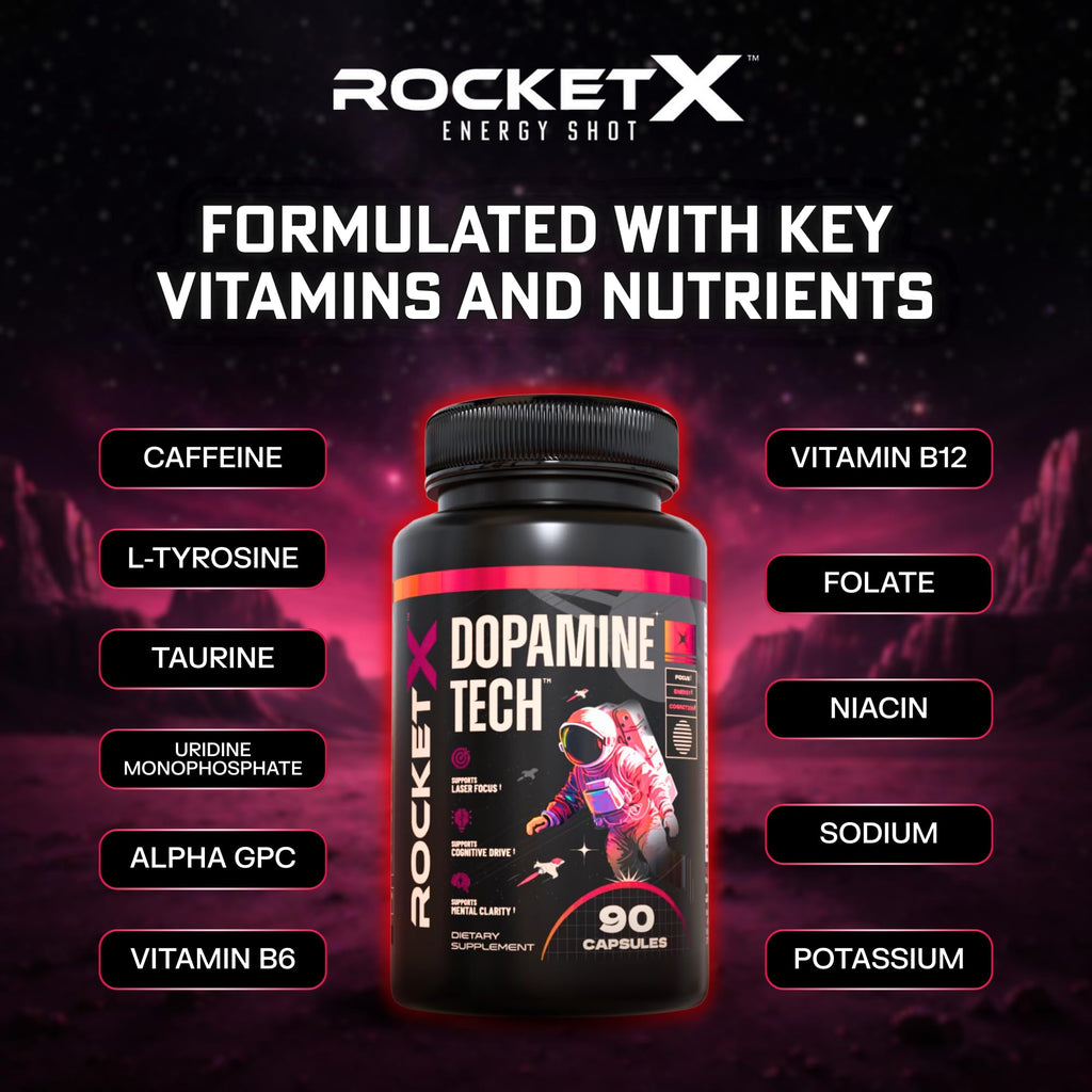 RocketX Dopamine Tech Brain Food Supplement, with L-Tyrosine and B Vitamins for Focus, Mental Clarity and Cognitive Drive, Vegan Capsules, 90 Capsules - TrustMedUSA