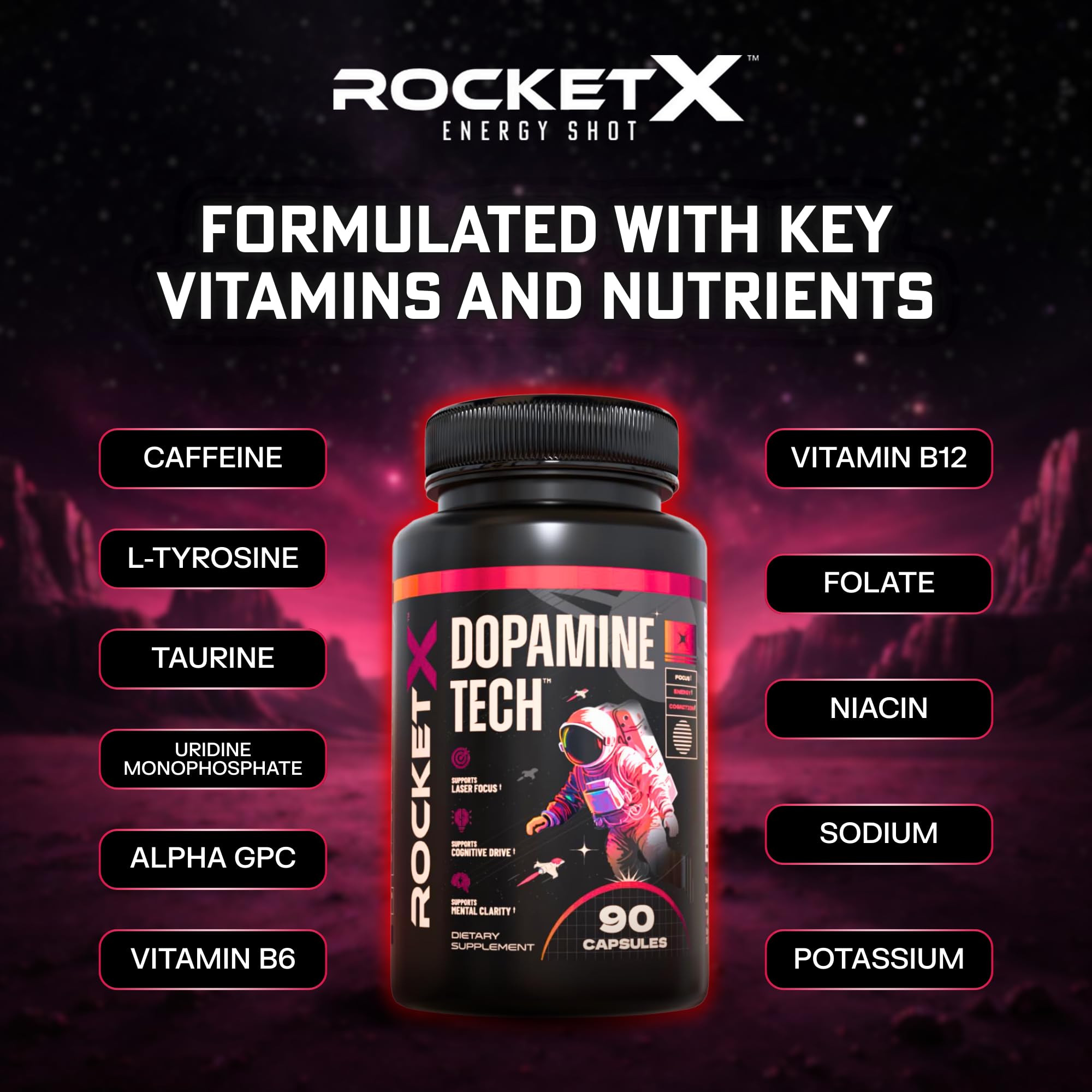 RocketX Dopamine Tech Brain Food Supplement, with L-Tyrosine and B Vitamins for Focus, Mental Clarity and Cognitive Drive, Vegan Capsules, 90 Capsules - TrustMedUSA