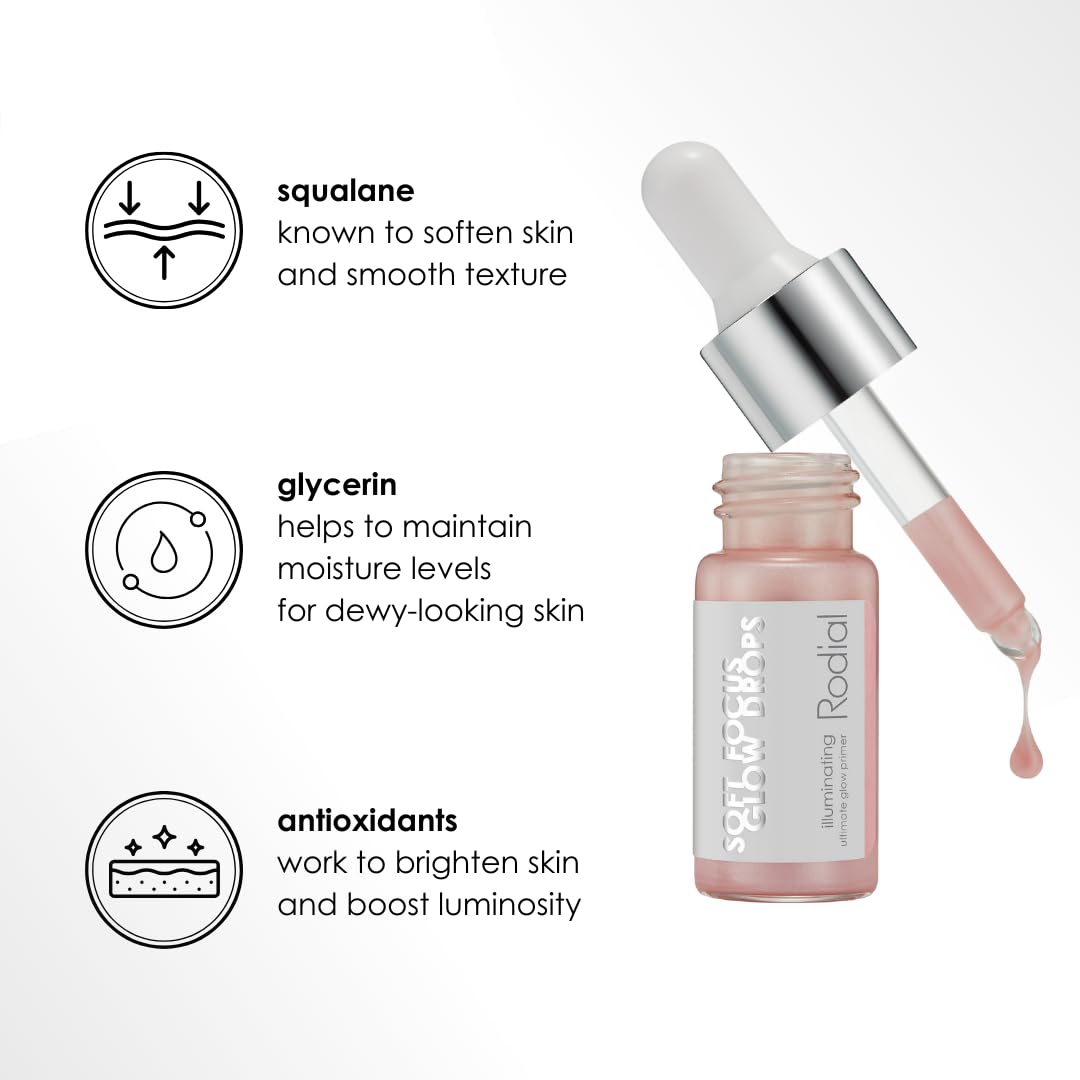 Rodial Soft Focus Glow Booster Drops 0.3 Deluxe fl oz, Illuminating Skin Serum with Glycerin and Antioxidants, Perfectioning and Smoothing Dewy Makeup Base, Weightless Formula - TrustMedUSA