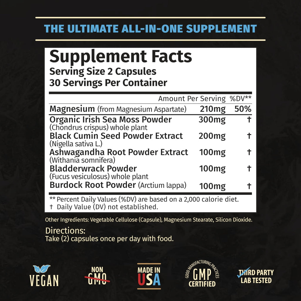 Rooted Origins Sea Moss Capsules – Irish Sea Moss Advanced, Magnesium, Ashwaghanda, Black Seed Oil, Burdock Root & Bladderwrack – Immune Support, Gut Health, Energy, & More – 60 Capsules - TrustMedUSA