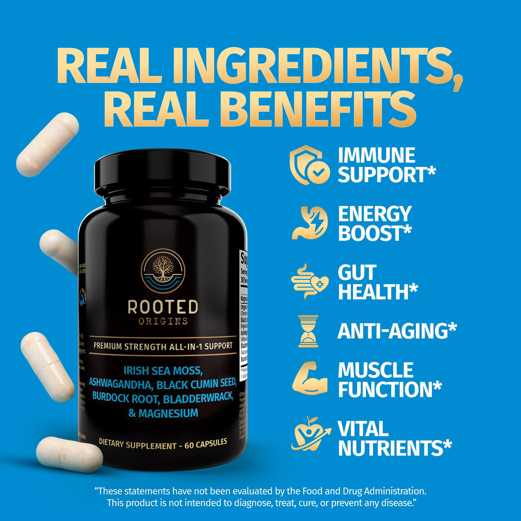 Rooted Origins Sea Moss Capsules – Irish Sea Moss Advanced, Magnesium, Ashwaghanda, Black Seed Oil, Burdock Root & Bladderwrack – Immune Support, Gut Health, Energy, & More – 60 Capsules - TrustMedUSA
