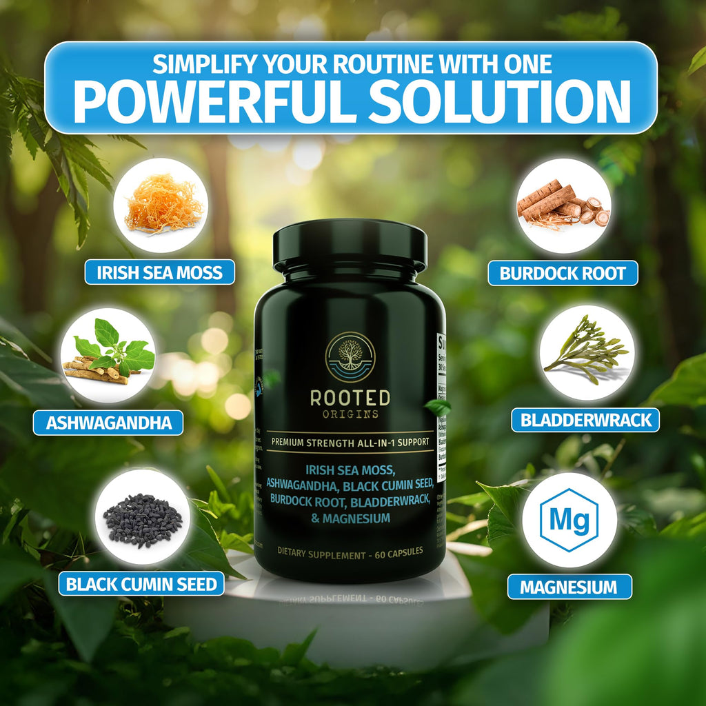 Rooted Origins Sea Moss Capsules – Irish Sea Moss Advanced, Magnesium, Ashwaghanda, Black Seed Oil, Burdock Root & Bladderwrack – Immune Support, Gut Health, Energy, & More – 60 Capsules - TrustMedUSA