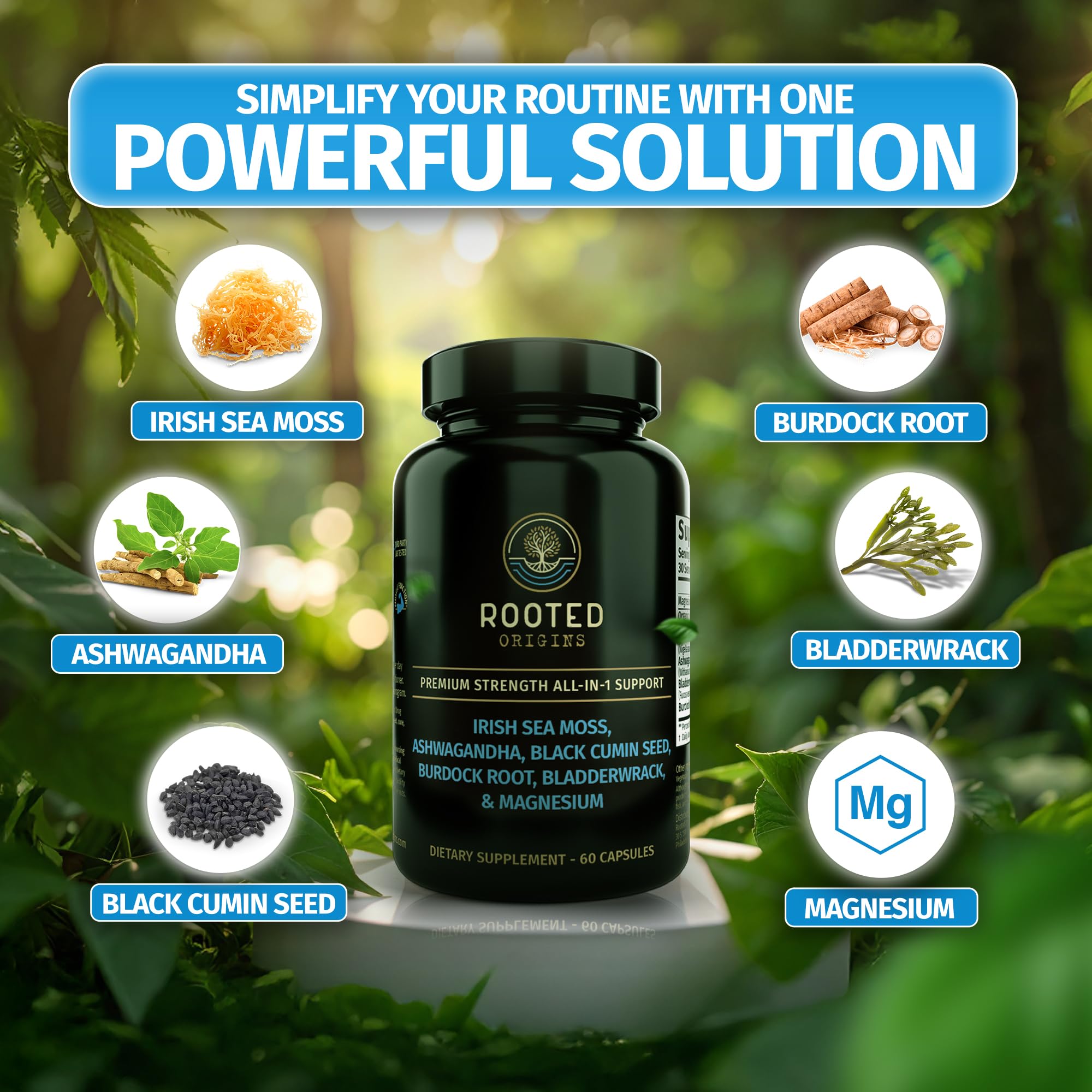 Rooted Origins Sea Moss Capsules – Irish Sea Moss Advanced, Magnesium, Ashwaghanda, Black Seed Oil, Burdock Root & Bladderwrack – Immune Support, Gut Health, Energy, & More – 60 Capsules - TrustMedUSA