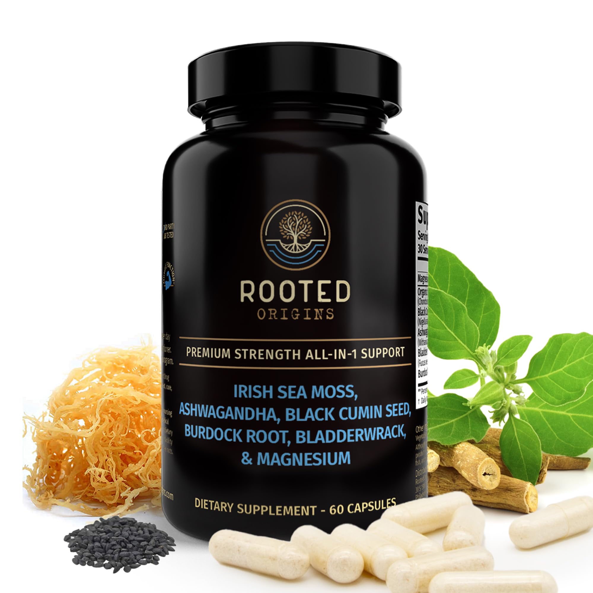 Rooted Origins Sea Moss Capsules – Irish Sea Moss Advanced, Magnesium, Ashwaghanda, Black Seed Oil, Burdock Root & Bladderwrack – Immune Support, Gut Health, Energy, & More – 60 Capsules - TrustMedUSA
