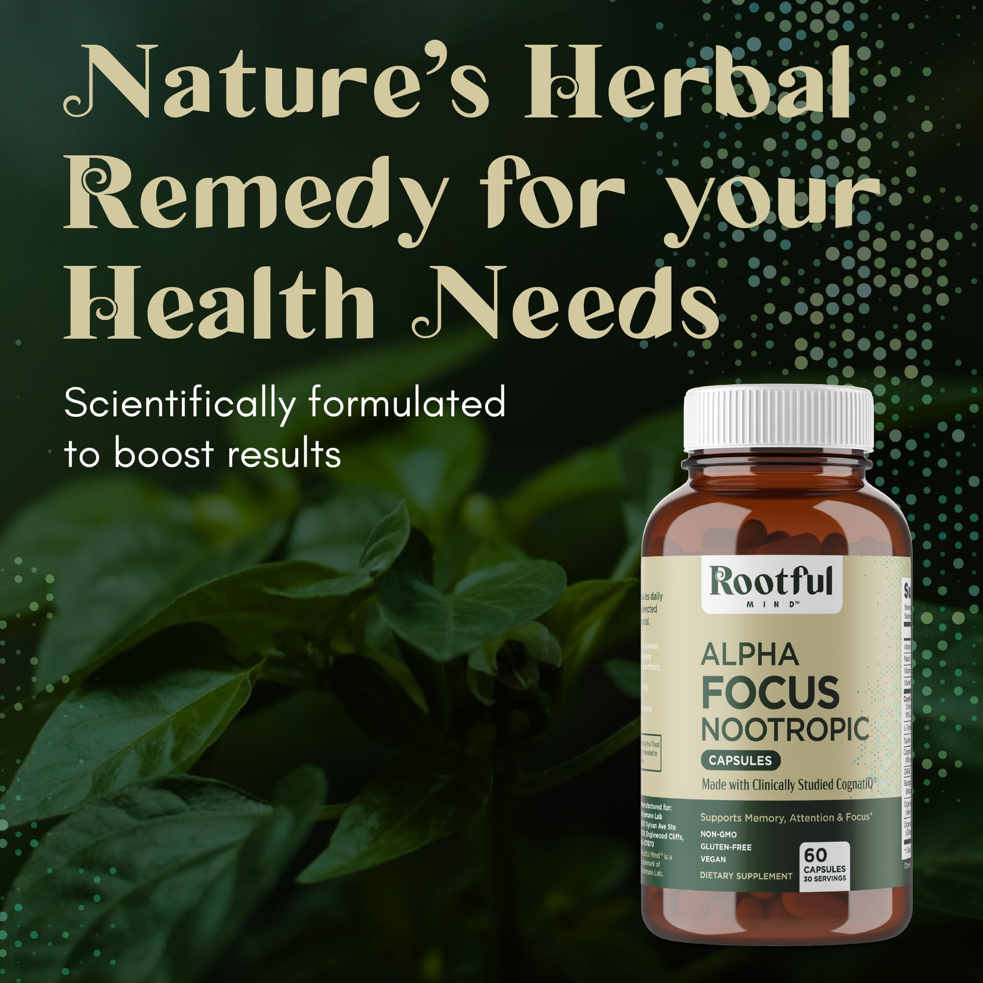 Rootful Mind Alpha Focus Nootropic - Memory and Focus Brain Booster Supplement with Choline, Citicoline, GPC, L-Tyrosine, Bacopa Monnieri, DMAE, Gingko Biloba, Lion's Mane, Niacinamide - 60 Capsules - TrustMedUSA