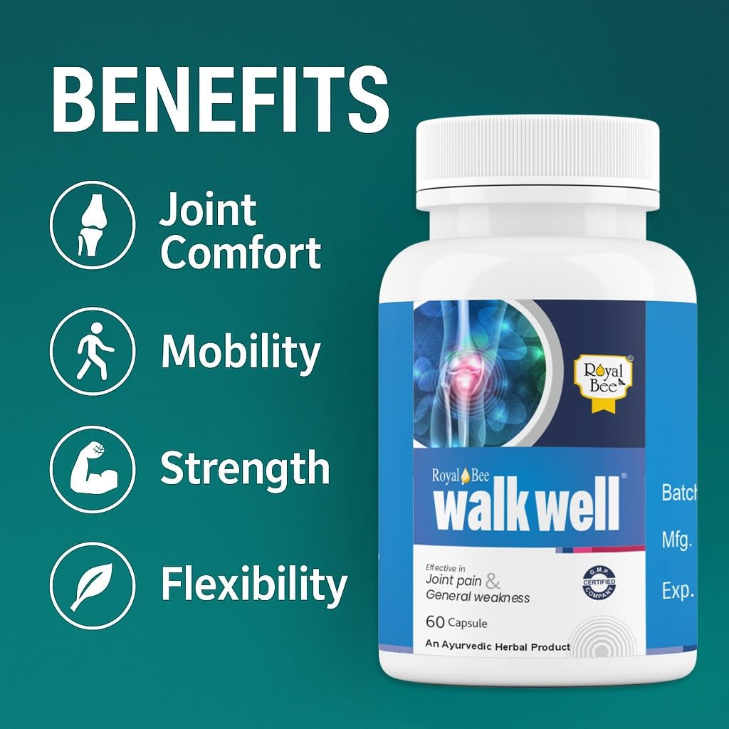 Royal Bee Walkwell Capsules – 60 Capsules – Supports Joint Pain & Inflammation Relief · Useful in Osteoarthritis · Promotes Flexibility & Mobility · Clinically Studied Herbal Ingredients - TrustMedUSA