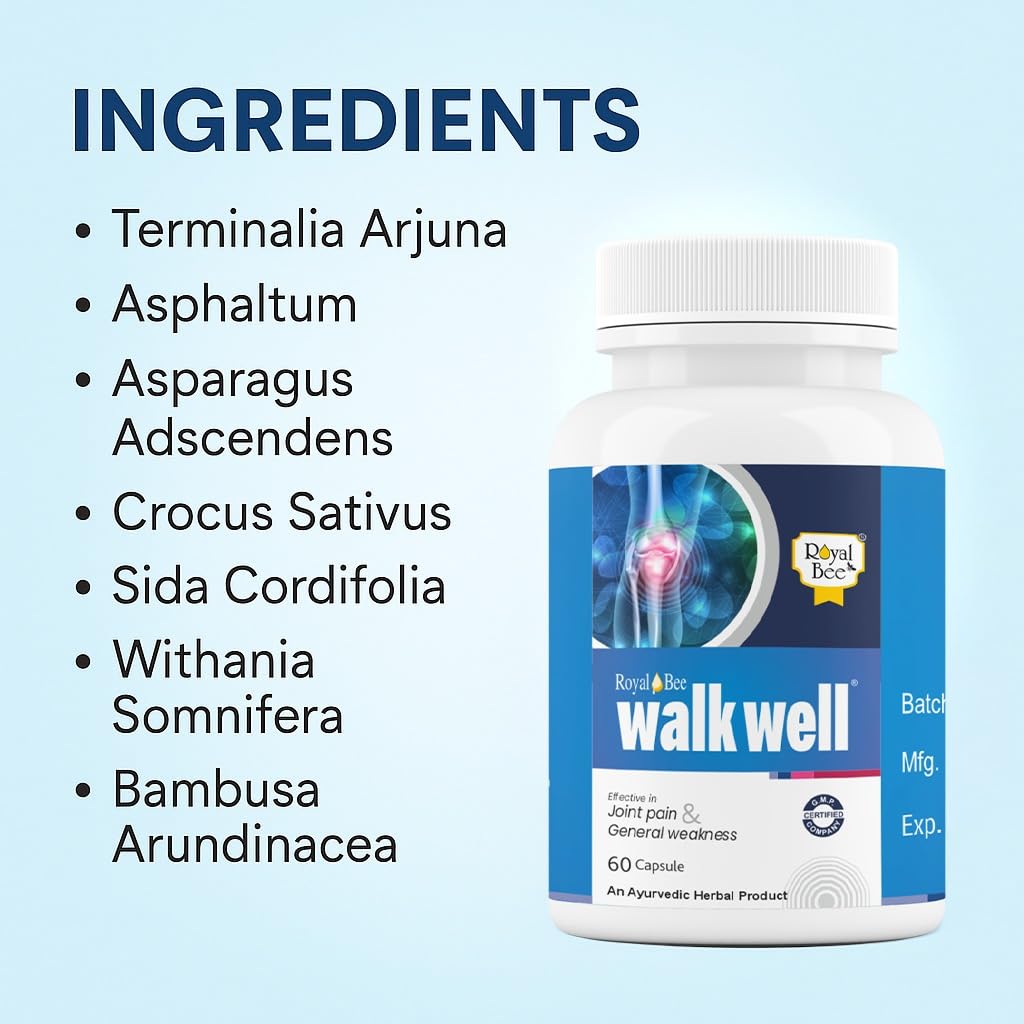 Royal Bee Walkwell Capsules – 60 Capsules – Supports Joint Pain & Inflammation Relief · Useful in Osteoarthritis · Promotes Flexibility & Mobility · Clinically Studied Herbal Ingredients - TrustMedUSA
