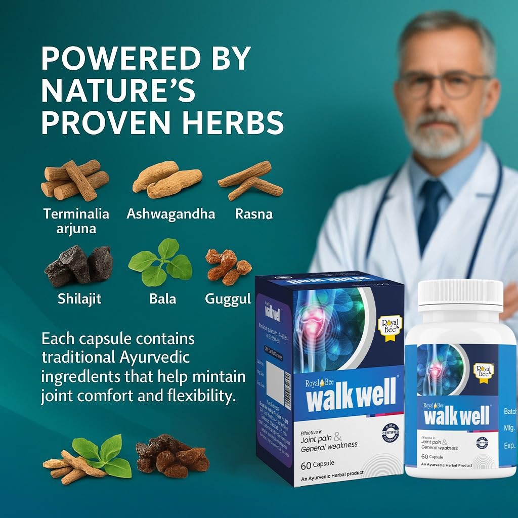 Royal Bee Walkwell Capsules – 60 Capsules – Supports Joint Pain & Inflammation Relief · Useful in Osteoarthritis · Promotes Flexibility & Mobility · Clinically Studied Herbal Ingredients - TrustMedUSA