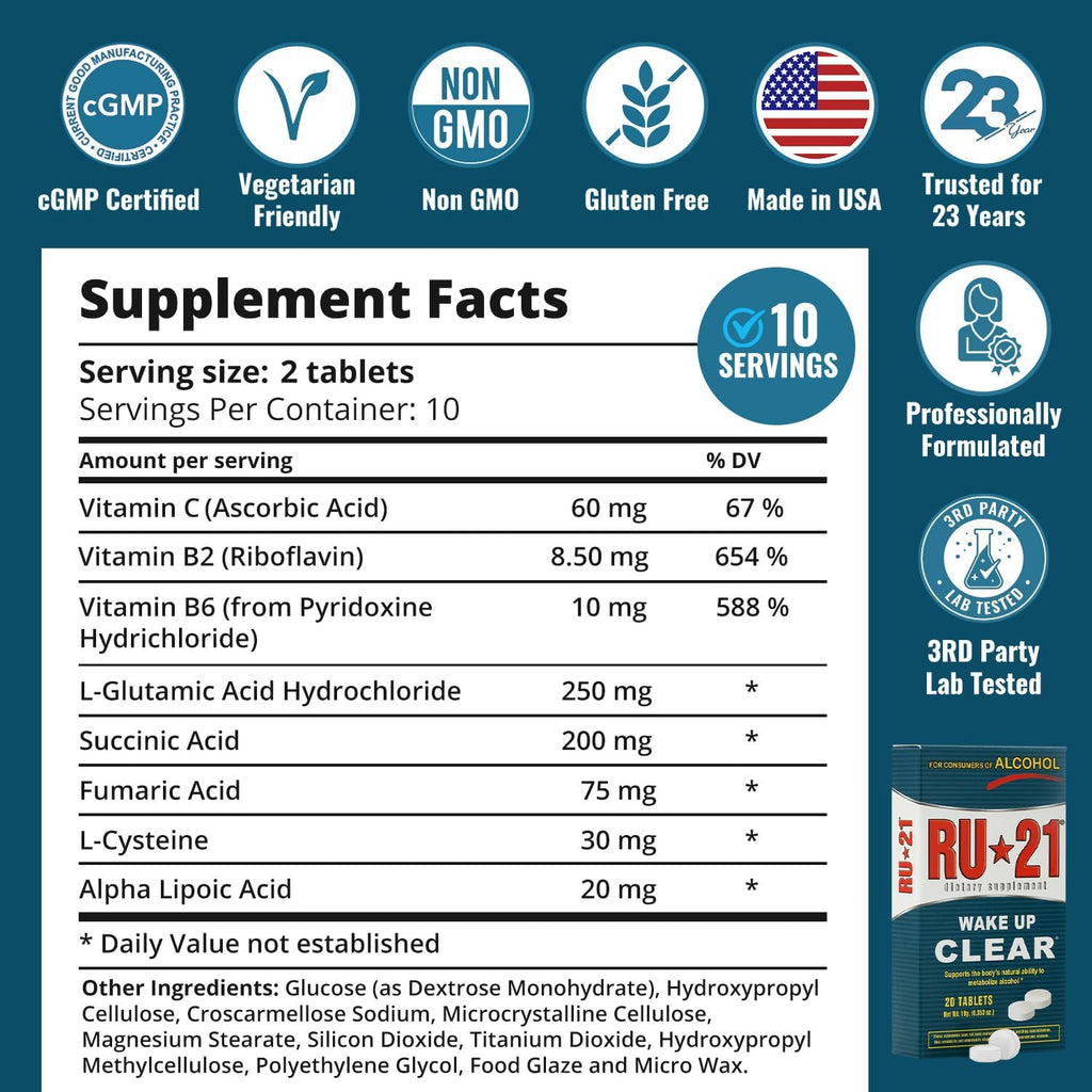 RU-21 The Supplement for When You Want to Drink & Go to Work The Next Morning | Feel Better After Celebrating & Support Your Liver | Trusted for 23+ Years | Made in USA (20 Pills, 10 Servings) - TrustMedUSA