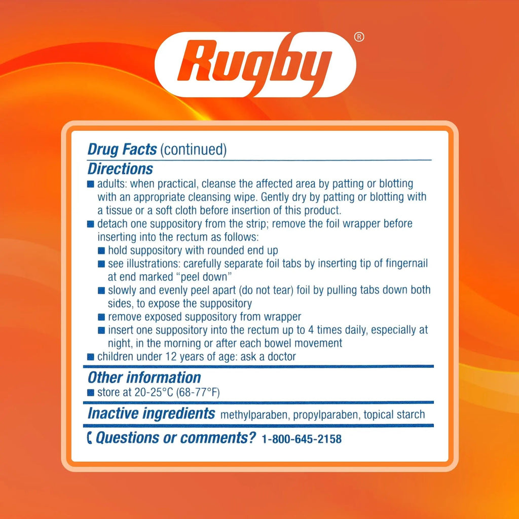 Rugby Hemorrhoidal Suppositories - Soothing and Shrinking Action for Internal Hemorrhoids with Cocoa Butter and Phenylephrine HCl, Easy Open Design - 12 Count - TrustMedUSA