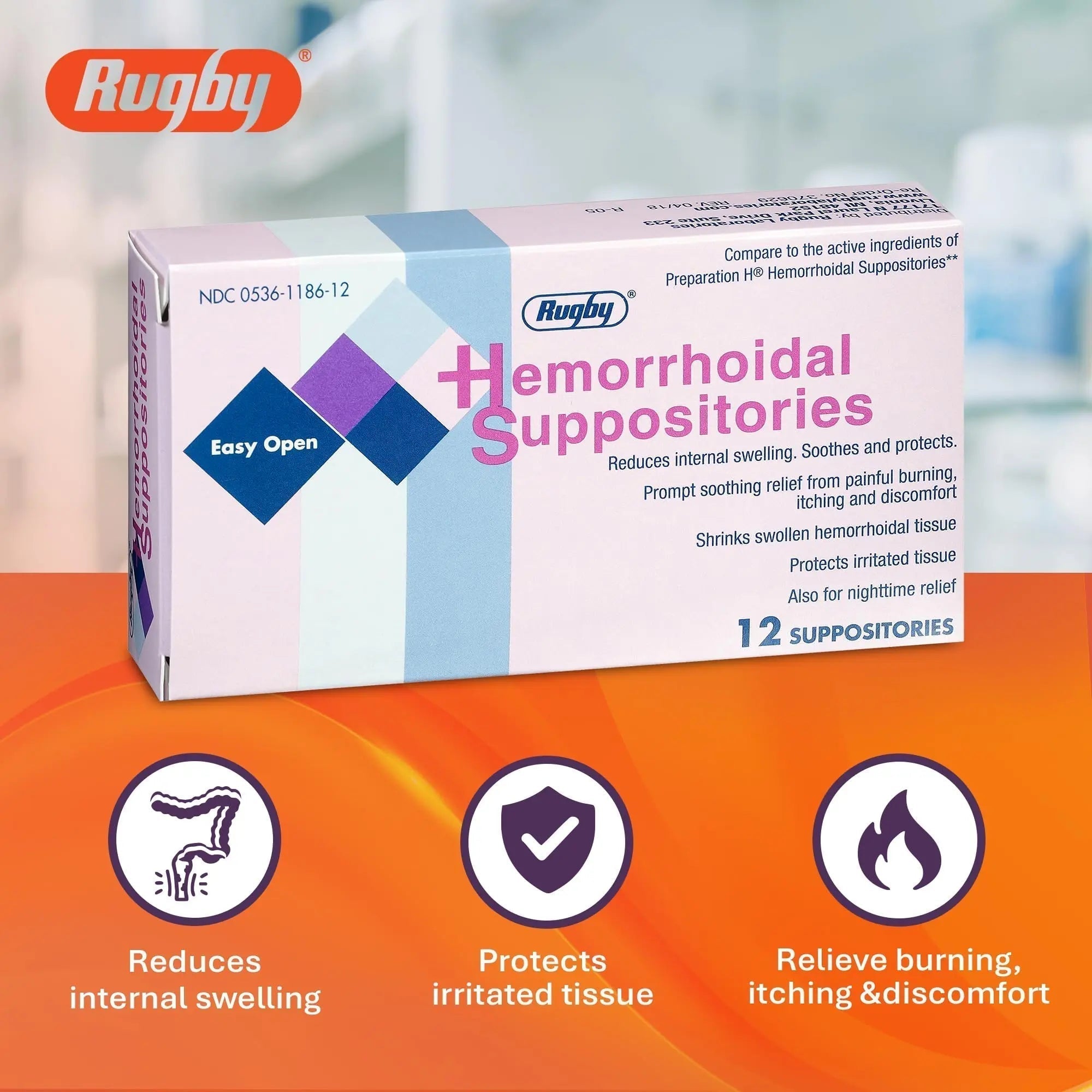 Rugby Hemorrhoidal Suppositories - Soothing and Shrinking Action for Internal Hemorrhoids with Cocoa Butter and Phenylephrine HCl, Easy Open Design - 12 Count - TrustMedUSA
