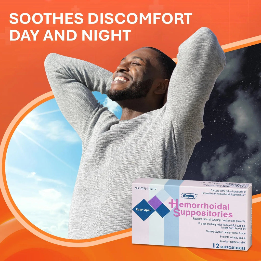 Rugby Hemorrhoidal Suppositories - Soothing and Shrinking Action for Internal Hemorrhoids with Cocoa Butter and Phenylephrine HCl, Easy Open Design - 12 Count - TrustMedUSA