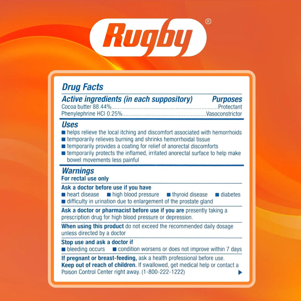 Rugby Hemorrhoidal Suppositories - Soothing and Shrinking Action for Internal Hemorrhoids with Cocoa Butter and Phenylephrine HCl, Easy Open Design - 12 Count - TrustMedUSA