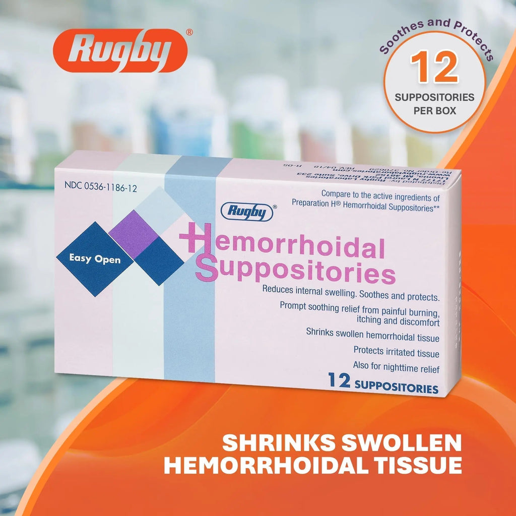 Rugby Hemorrhoidal Suppositories - Soothing and Shrinking Action for Internal Hemorrhoids with Cocoa Butter and Phenylephrine HCl, Easy Open Design - 12 Count - TrustMedUSA