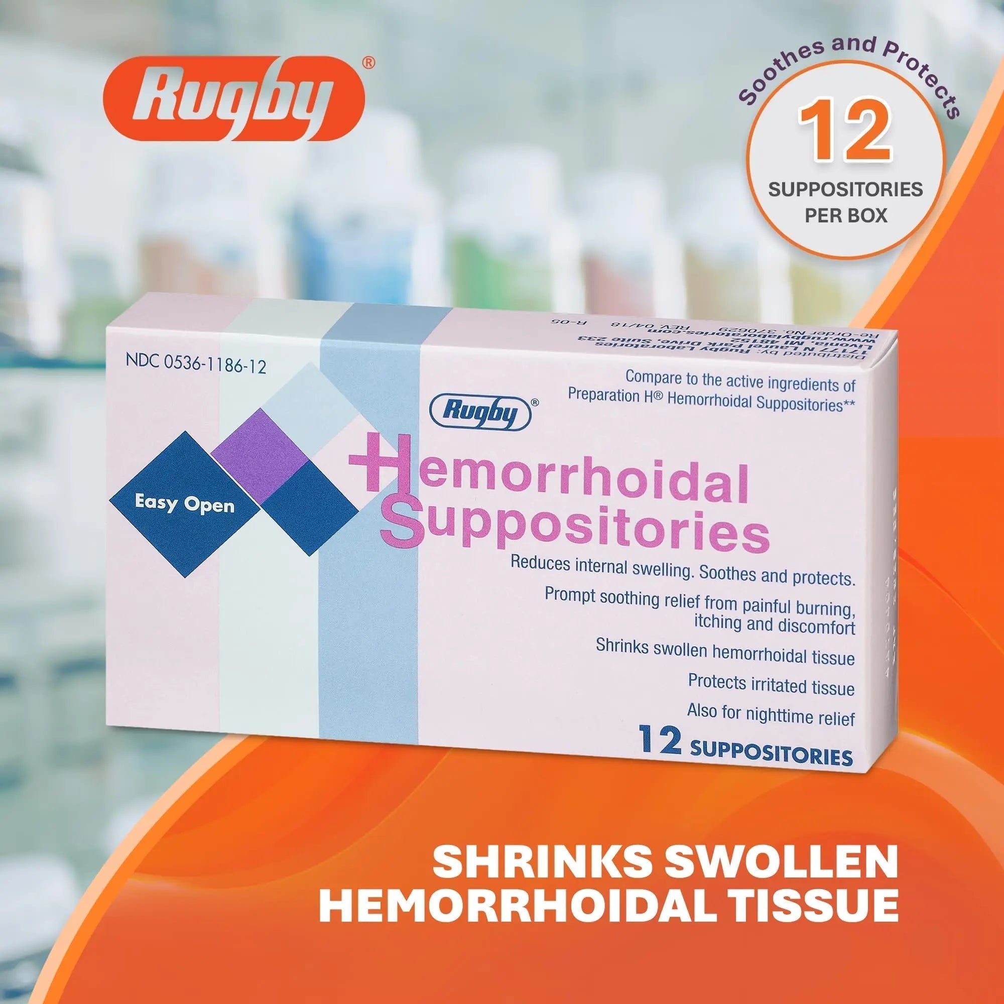 Rugby Hemorrhoidal Suppositories - Soothing and Shrinking Action for Internal Hemorrhoids with Cocoa Butter and Phenylephrine HCl, Easy Open Design - 12 Count - TrustMedUSA