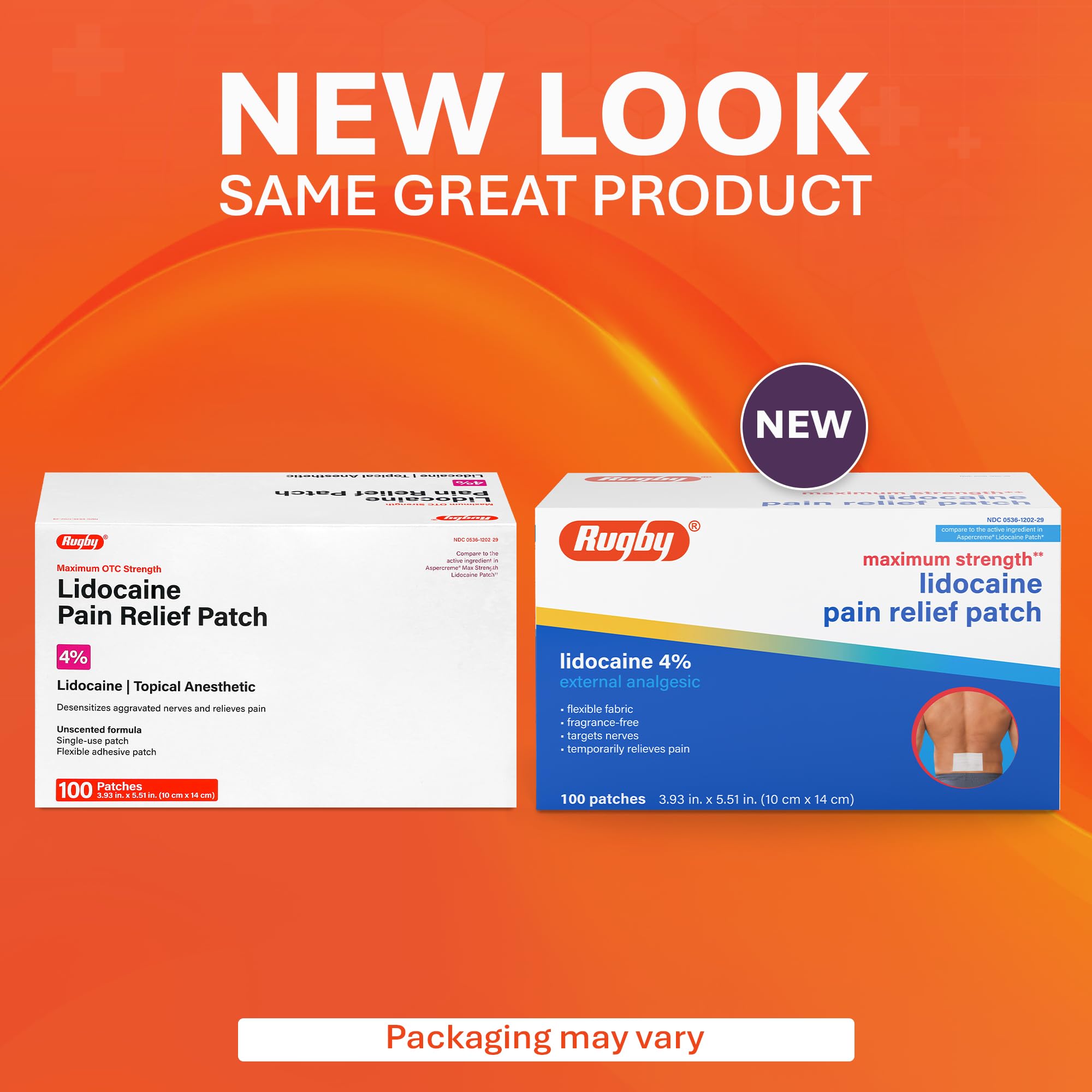 Rugby Maximum Strength 4% Lidocaine Pain Relief Patch- External Analgesic - Flexible Fabric, Fragrance-Free - Temporarily Relieves Pain - 100 Patches (10 cm x 14 cm Each) - TrustMedUSA