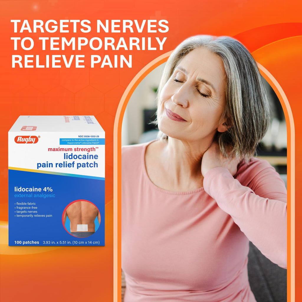 Rugby Maximum Strength 4% Lidocaine Pain Relief Patch- External Analgesic - Flexible Fabric, Fragrance-Free - Temporarily Relieves Pain - 100 Patches (10 cm x 14 cm Each) - TrustMedUSA