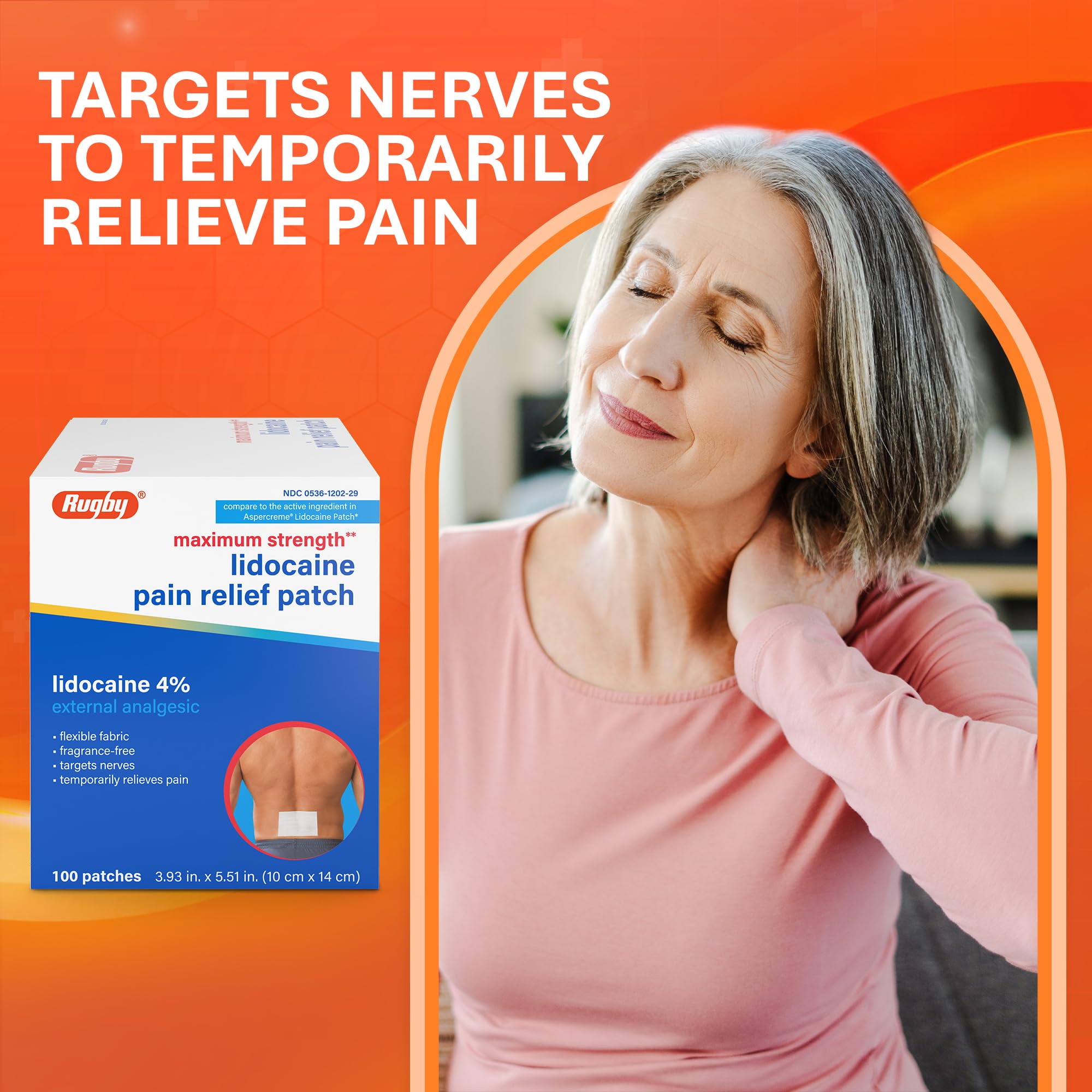 Rugby Maximum Strength 4% Lidocaine Pain Relief Patch- External Analgesic - Flexible Fabric, Fragrance-Free - Temporarily Relieves Pain - 100 Patches (10 cm x 14 cm Each) - TrustMedUSA