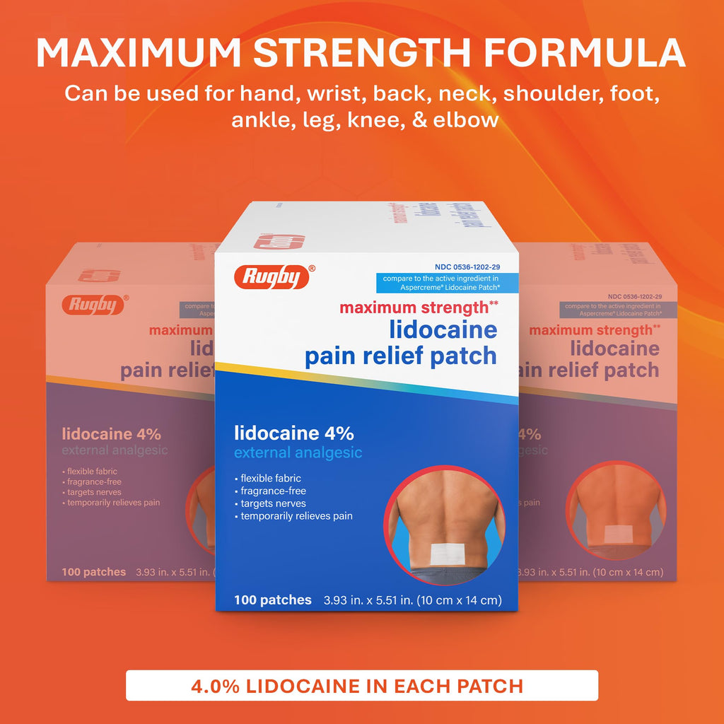 Rugby Maximum Strength 4% Lidocaine Pain Relief Patch- External Analgesic - Flexible Fabric, Fragrance-Free - Temporarily Relieves Pain - 100 Patches (10 cm x 14 cm Each) - TrustMedUSA