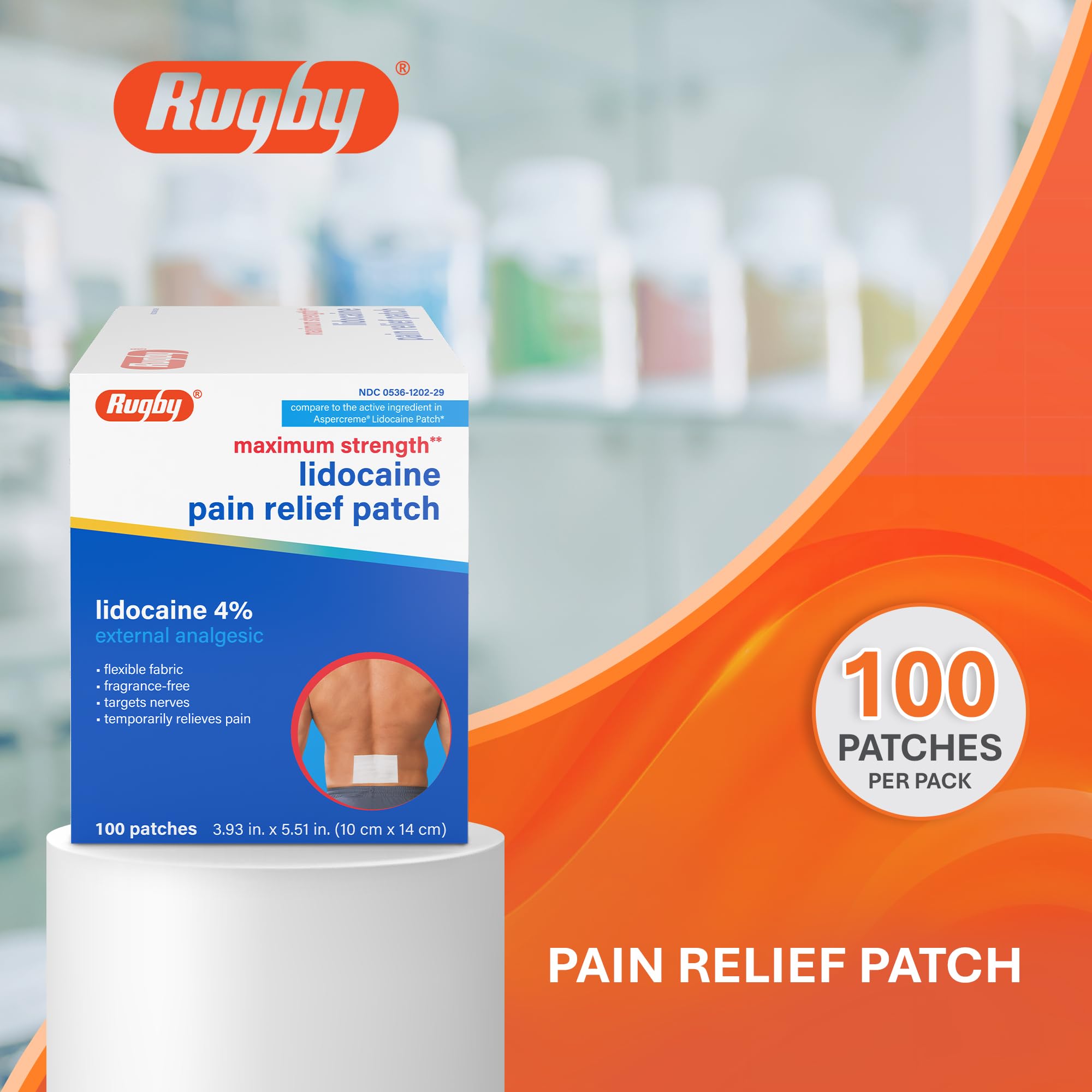 Rugby Maximum Strength 4% Lidocaine Pain Relief Patch- External Analgesic - Flexible Fabric, Fragrance-Free - Temporarily Relieves Pain - 100 Patches (10 cm x 14 cm Each) - TrustMedUSA