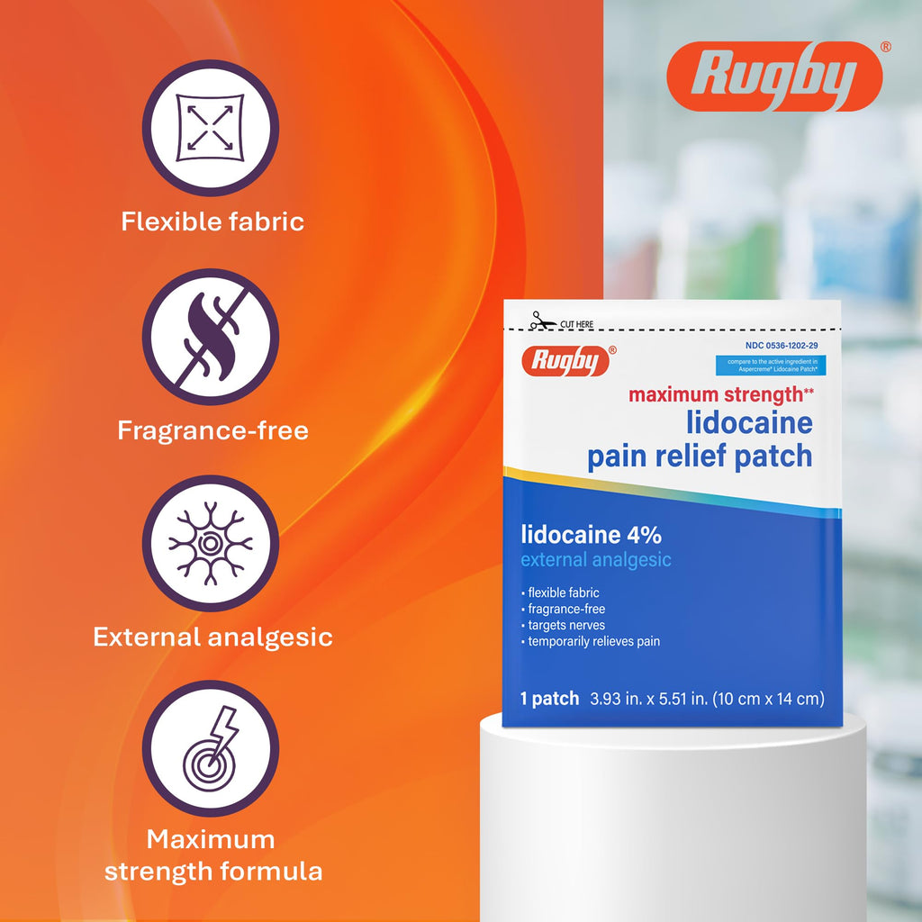 Rugby Maximum Strength 4% Lidocaine Pain Relief Patch- External Analgesic - Flexible Fabric, Fragrance-Free - Temporarily Relieves Pain - 100 Patches (10 cm x 14 cm Each) - TrustMedUSA