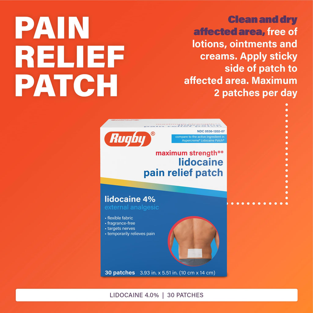 Rugby Maximum Strength Lidocaine Pain Relief Patch - 4% Lidocaine - Topical Anesthetic - Unscented - 30 Patches (1 Pack) - TrustMedUSA