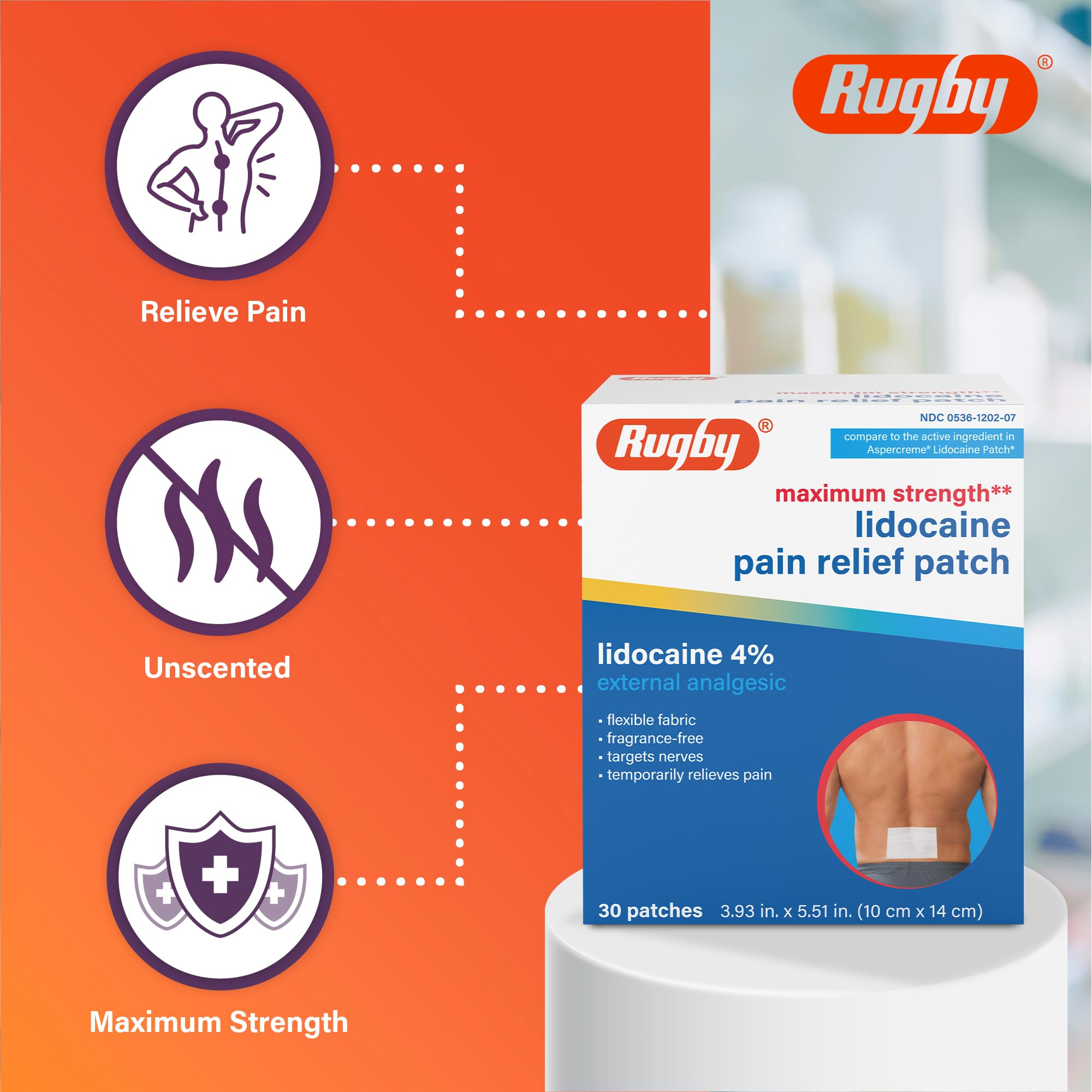 Rugby Maximum Strength Lidocaine Pain Relief Patch - 4% Lidocaine - Topical Anesthetic - Unscented - 30 Patches (1 Pack) - TrustMedUSA