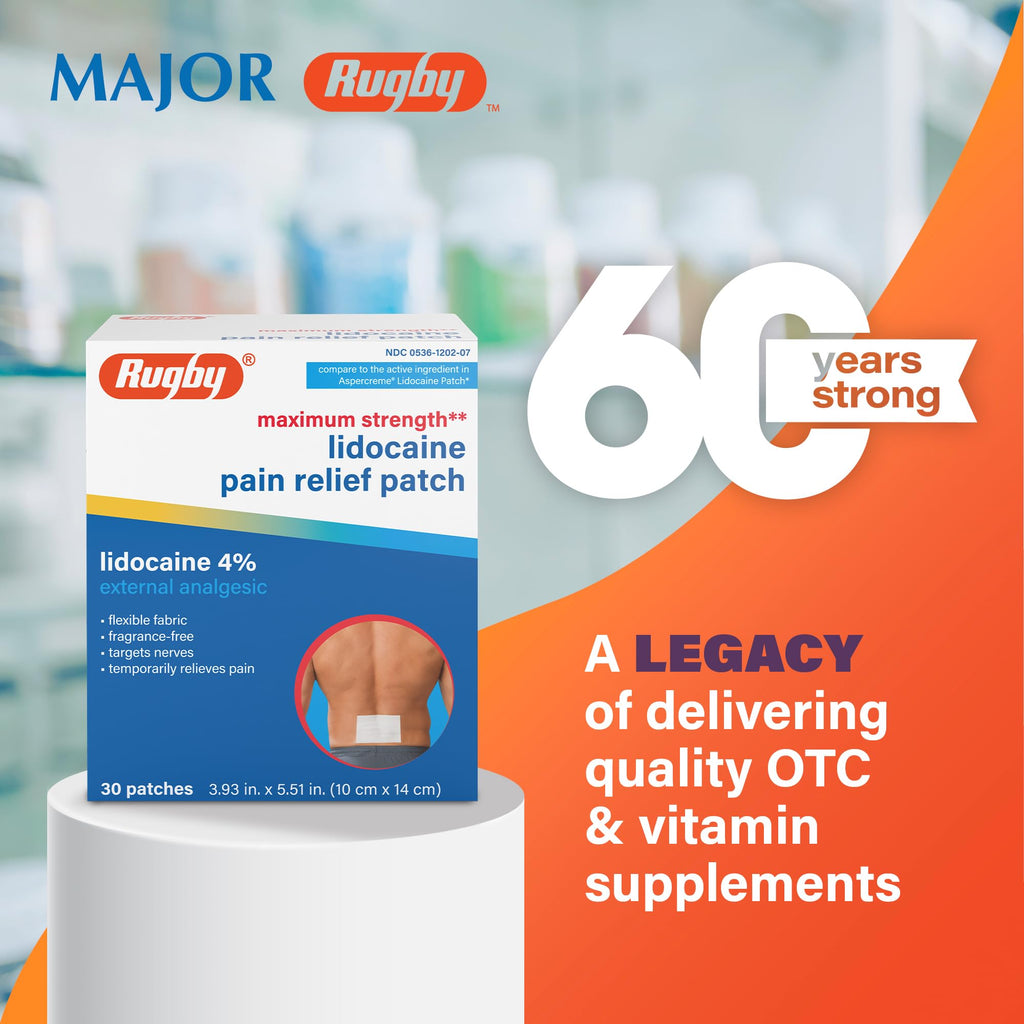 Rugby Maximum Strength Lidocaine Pain Relief Patch - 4% Lidocaine - Topical Anesthetic - Unscented - 30 Patches (1 Pack) - TrustMedUSA