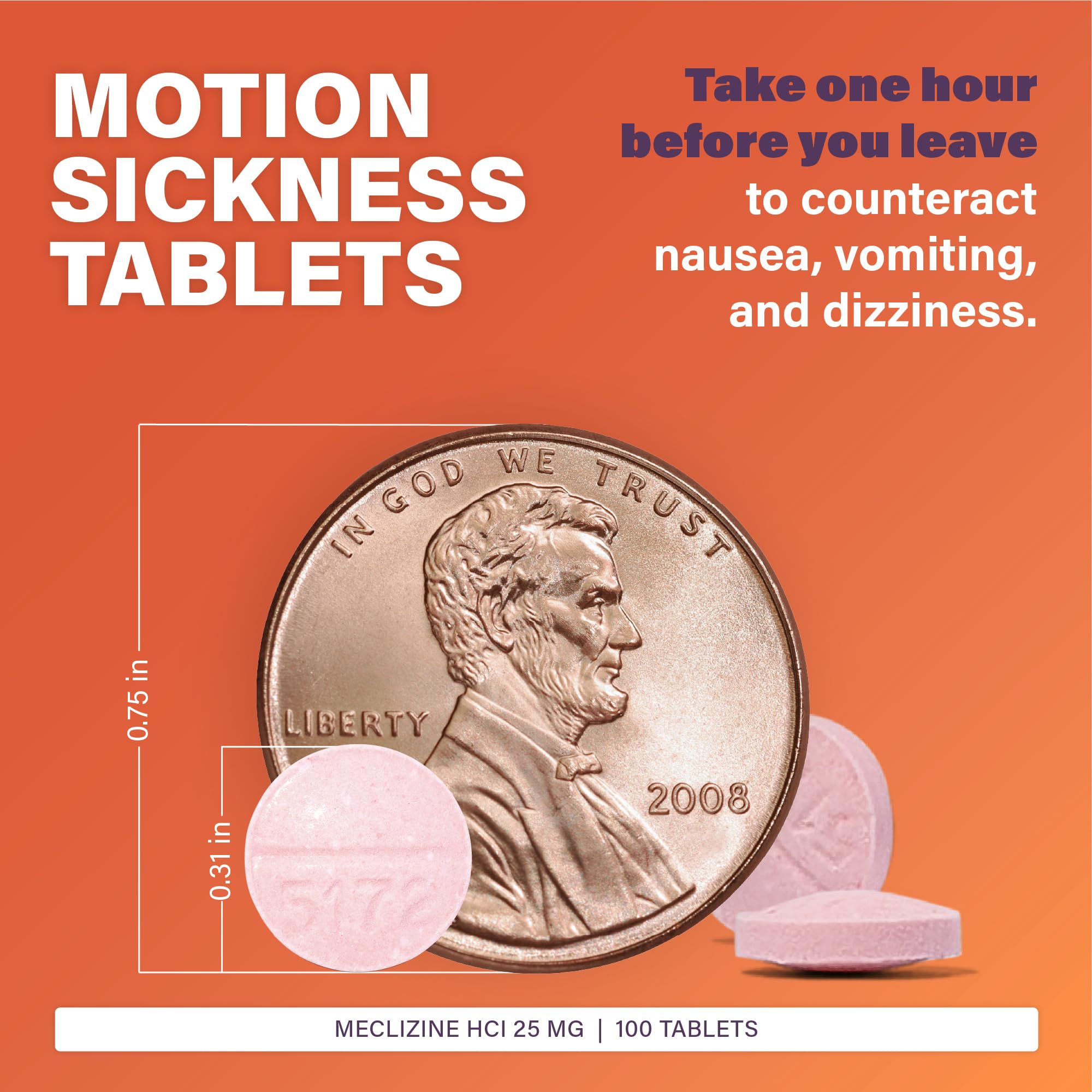 Rugby Meclizine Chewable Tablets 25mg - Anti-Nausea Medicine Helps with Motion Sickness - 100 Count (1 Pack) - Maple Wellness Supplements