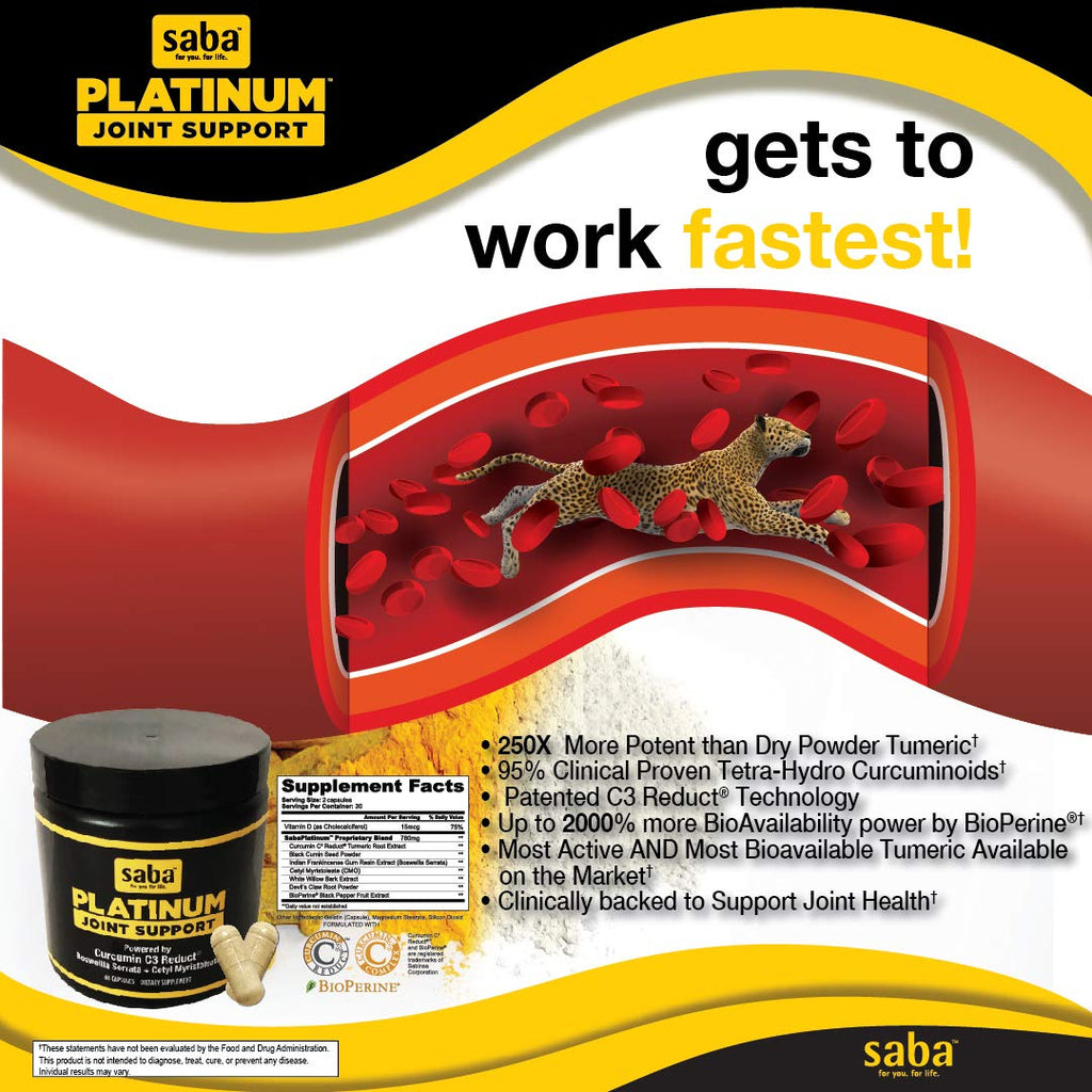 Saba Platinum Joint Support – High Absorption Curcumin C3 Reduct & Boswellia – Fast Acting Turmeric Supplement for Joint Pain Relief, Mobility & Healthy Inflammation Response – 60 Vegan Capsules - TrustMedUSA