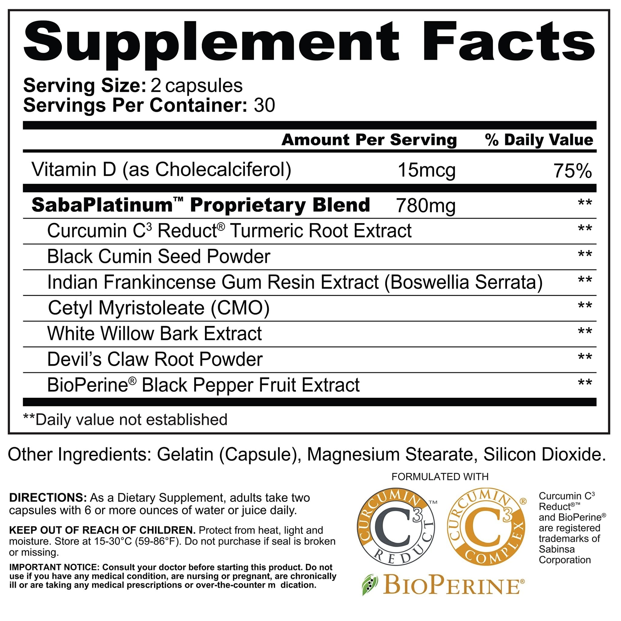 Saba Platinum Joint Support – High Absorption Curcumin C3 Reduct & Boswellia – Fast Acting Turmeric Supplement for Joint Pain Relief, Mobility & Healthy Inflammation Response – 60 Vegan Capsules - TrustMedUSA