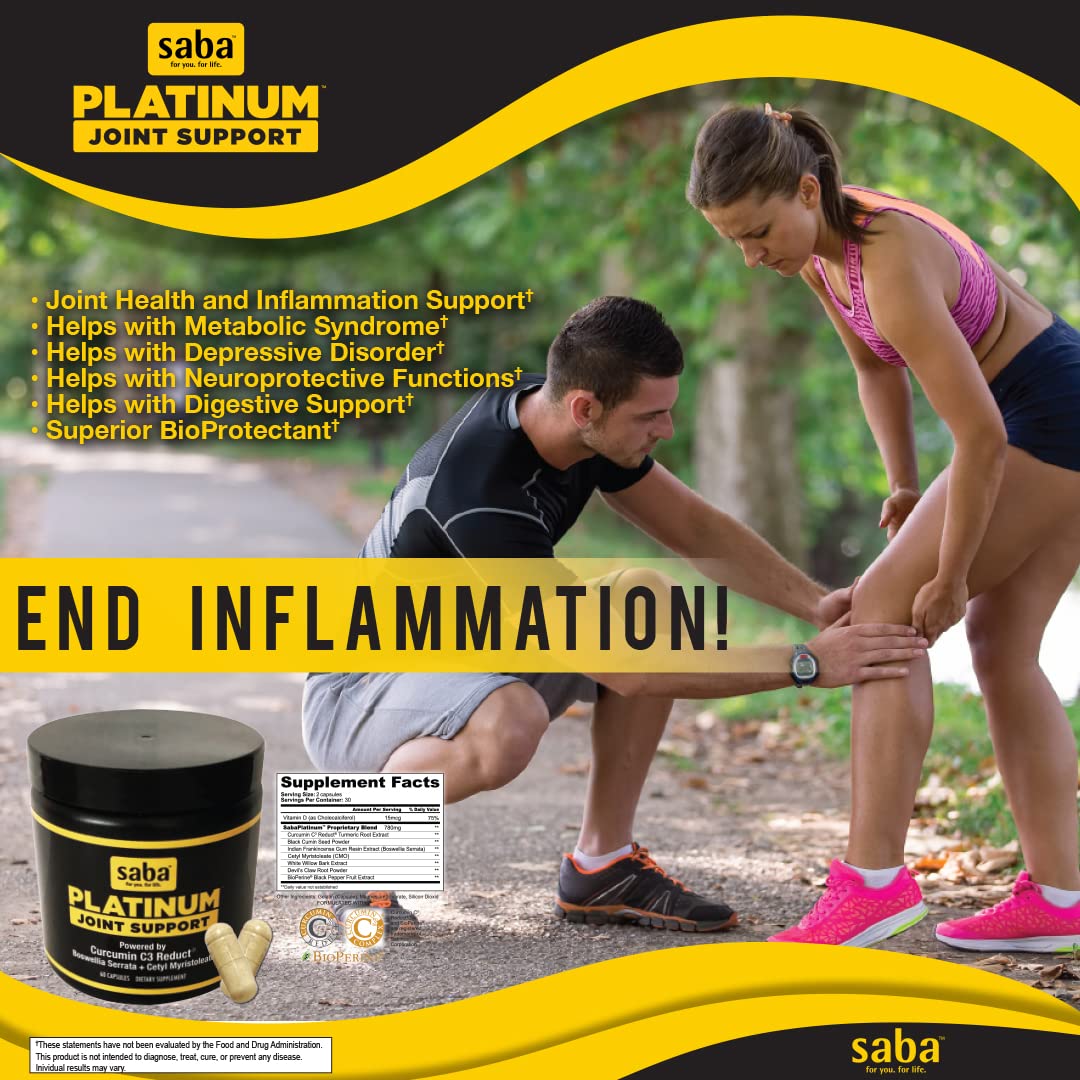 Saba Platinum Joint Support – High Absorption Curcumin C3 Reduct & Boswellia – Fast Acting Turmeric Supplement for Joint Pain Relief, Mobility & Healthy Inflammation Response – 60 Vegan Capsules - TrustMedUSA