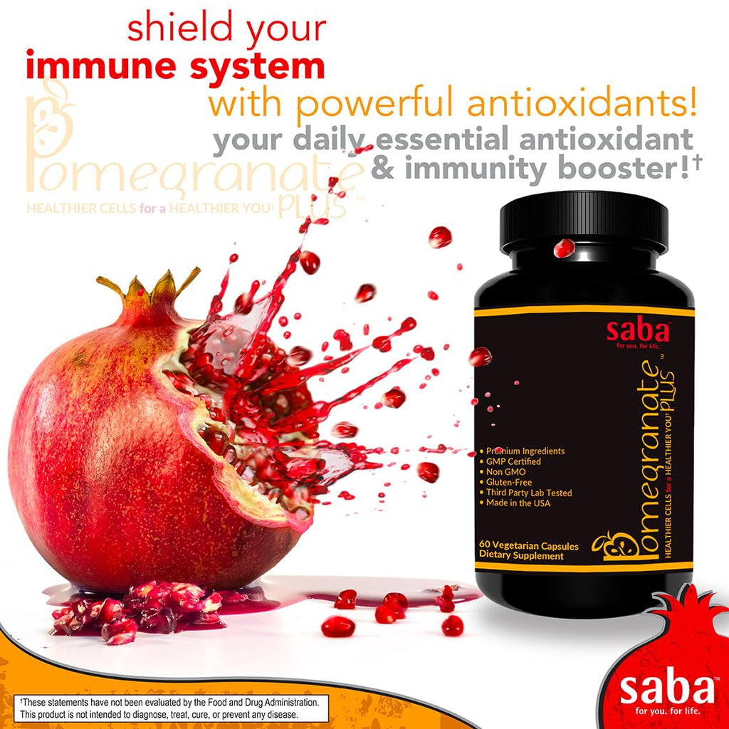 Saba Pomegranate Plus – Antioxidant Supplement with Astaxanthin & Adaptogens | Immune, Skin, Heart & Brain Support | Daily Stress & Cellular Wellness | 60 Capsules - TrustMedUSA