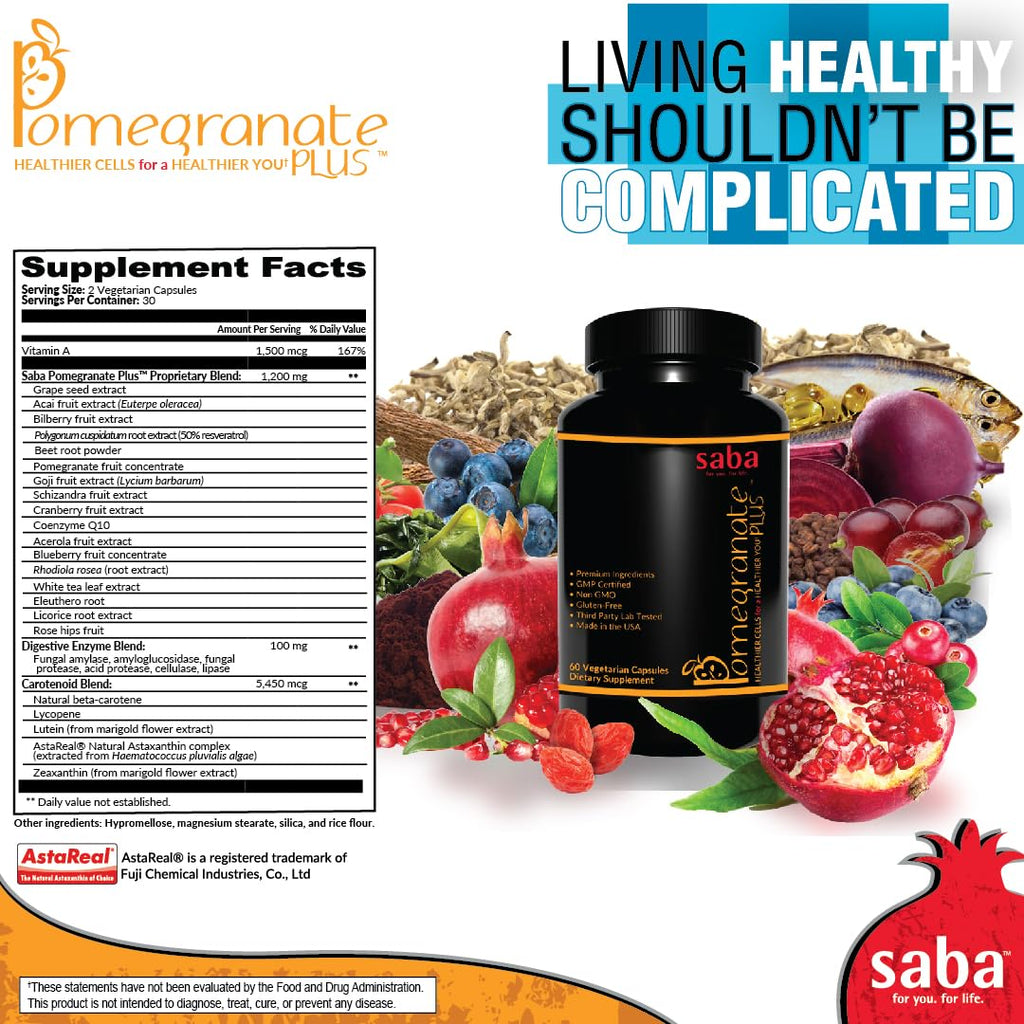 Saba Pomegranate Plus – Antioxidant Supplement with Astaxanthin & Adaptogens | Immune, Skin, Heart & Brain Support | Daily Stress & Cellular Wellness | 60 Capsules - TrustMedUSA