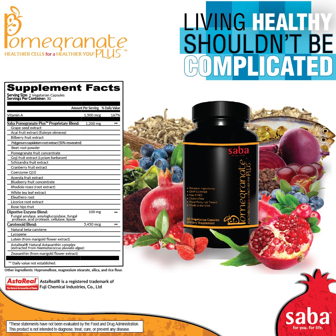 Saba Pomegranate Plus – Antioxidant Supplement with Astaxanthin & Adaptogens | Immune, Skin, Heart & Brain Support | Daily Stress & Cellular Wellness | 60 Capsules - TrustMedUSA