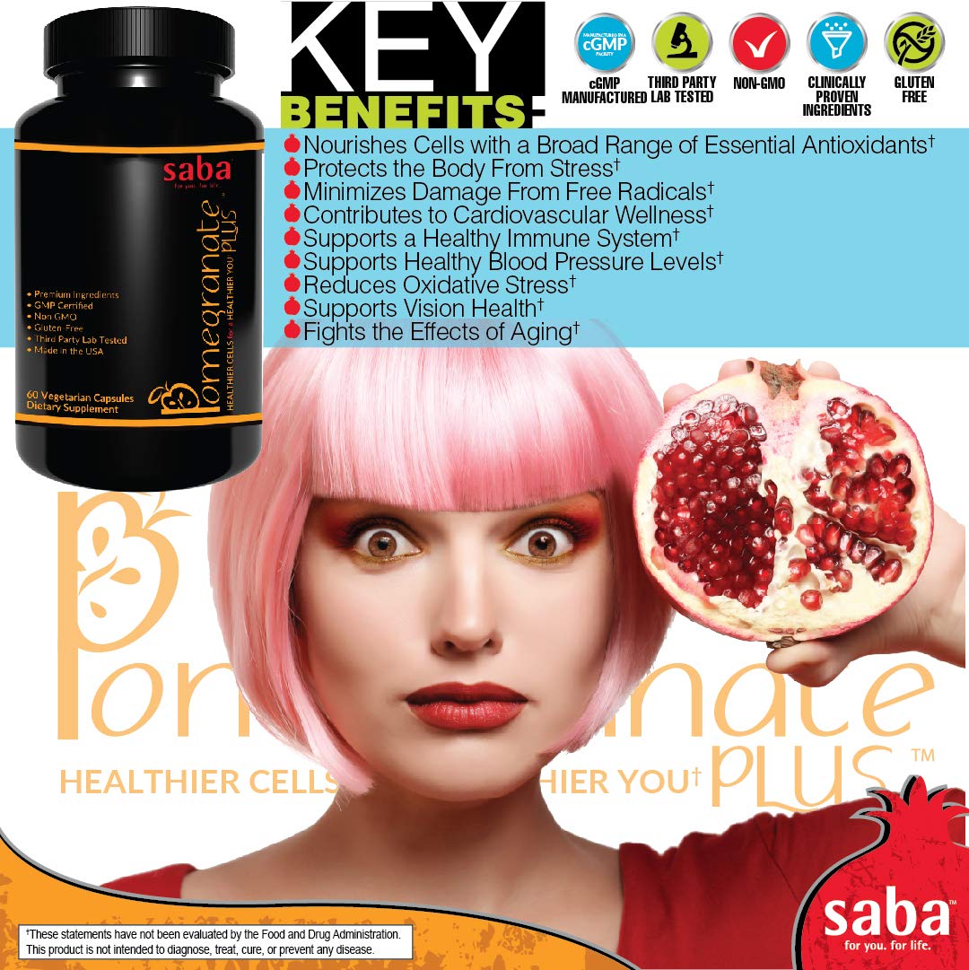 Saba Pomegranate Plus – Antioxidant Supplement with Astaxanthin & Adaptogens | Immune, Skin, Heart & Brain Support | Daily Stress & Cellular Wellness | 60 Capsules - TrustMedUSA