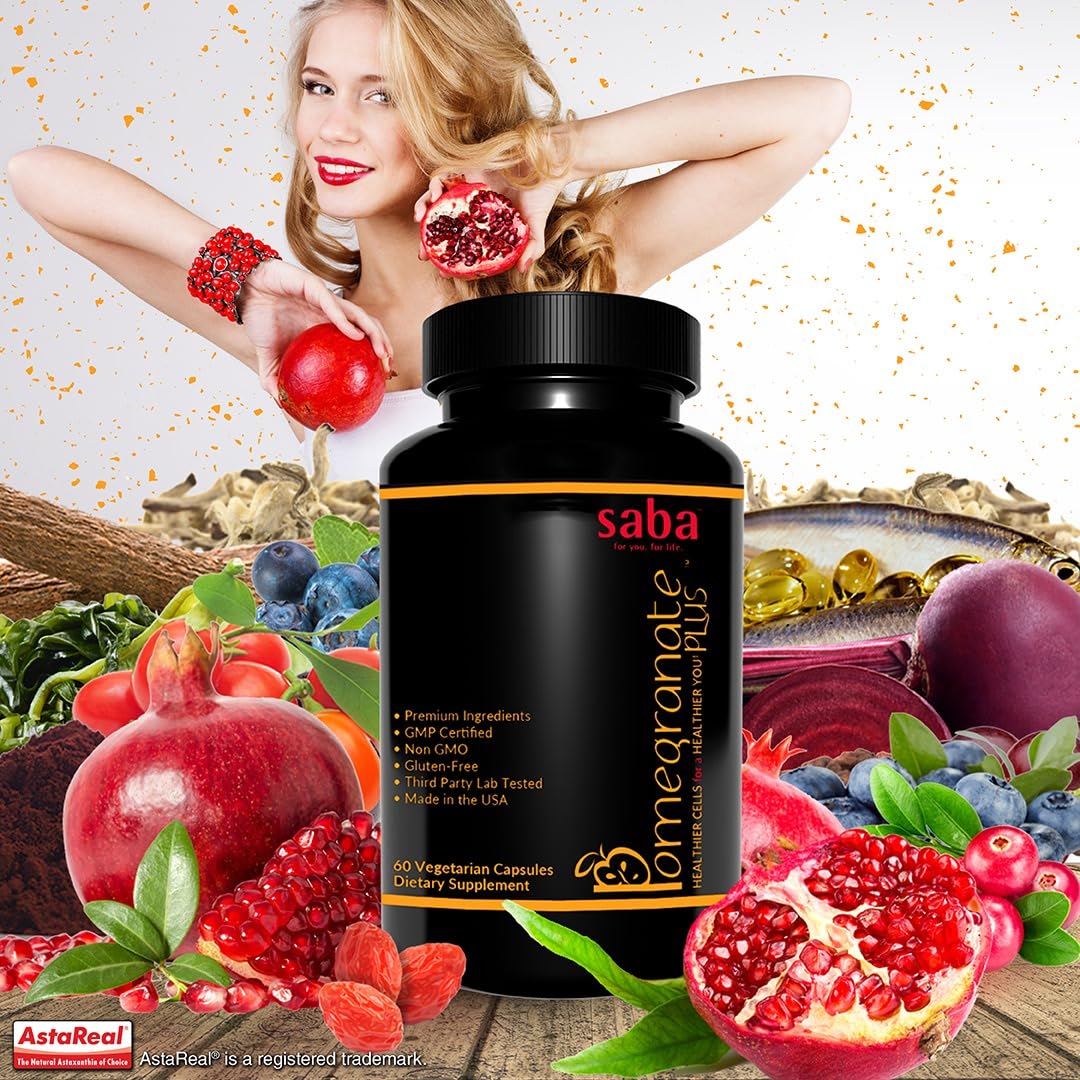 Saba Pomegranate Plus – Antioxidant Supplement with Astaxanthin & Adaptogens | Immune, Skin, Heart & Brain Support | Daily Stress & Cellular Wellness | 60 Capsules - TrustMedUSA