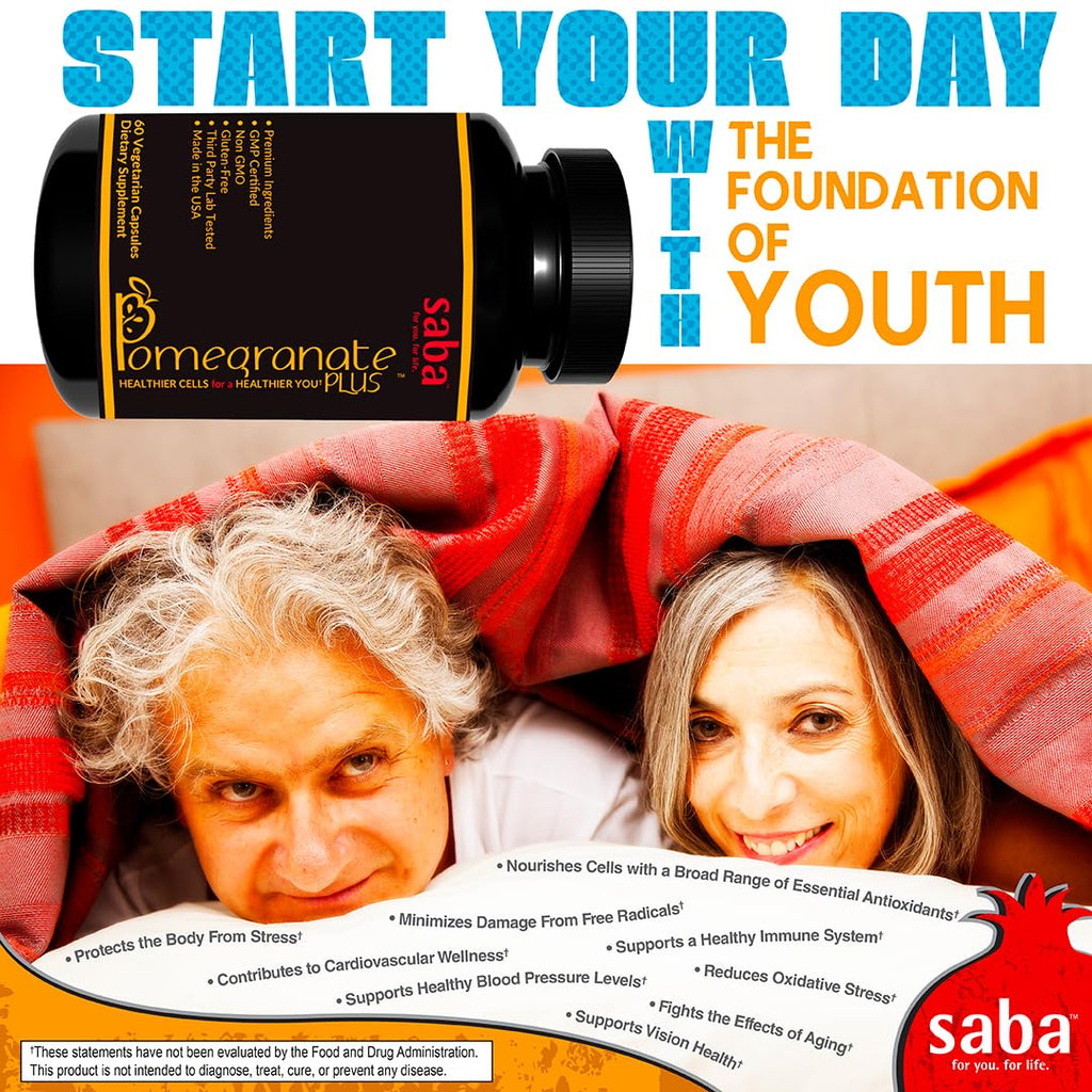 Saba Pomegranate Plus – Antioxidant Supplement with Astaxanthin & Adaptogens | Immune, Skin, Heart & Brain Support | Daily Stress & Cellular Wellness | 60 Capsules - TrustMedUSA