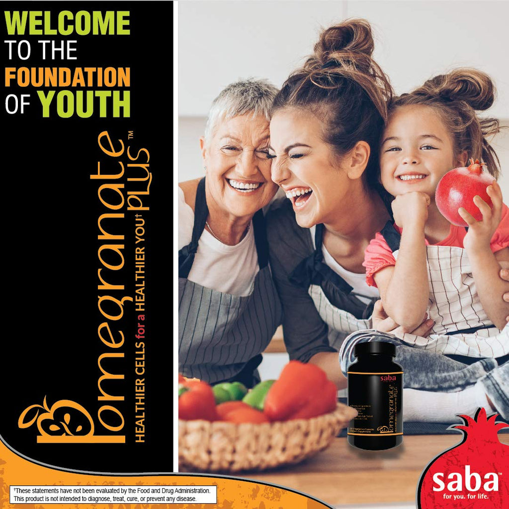 Saba Pomegranate Plus – Antioxidant Supplement with Astaxanthin & Adaptogens | Immune, Skin, Heart & Brain Support | Daily Stress & Cellular Wellness | 60 Capsules - TrustMedUSA
