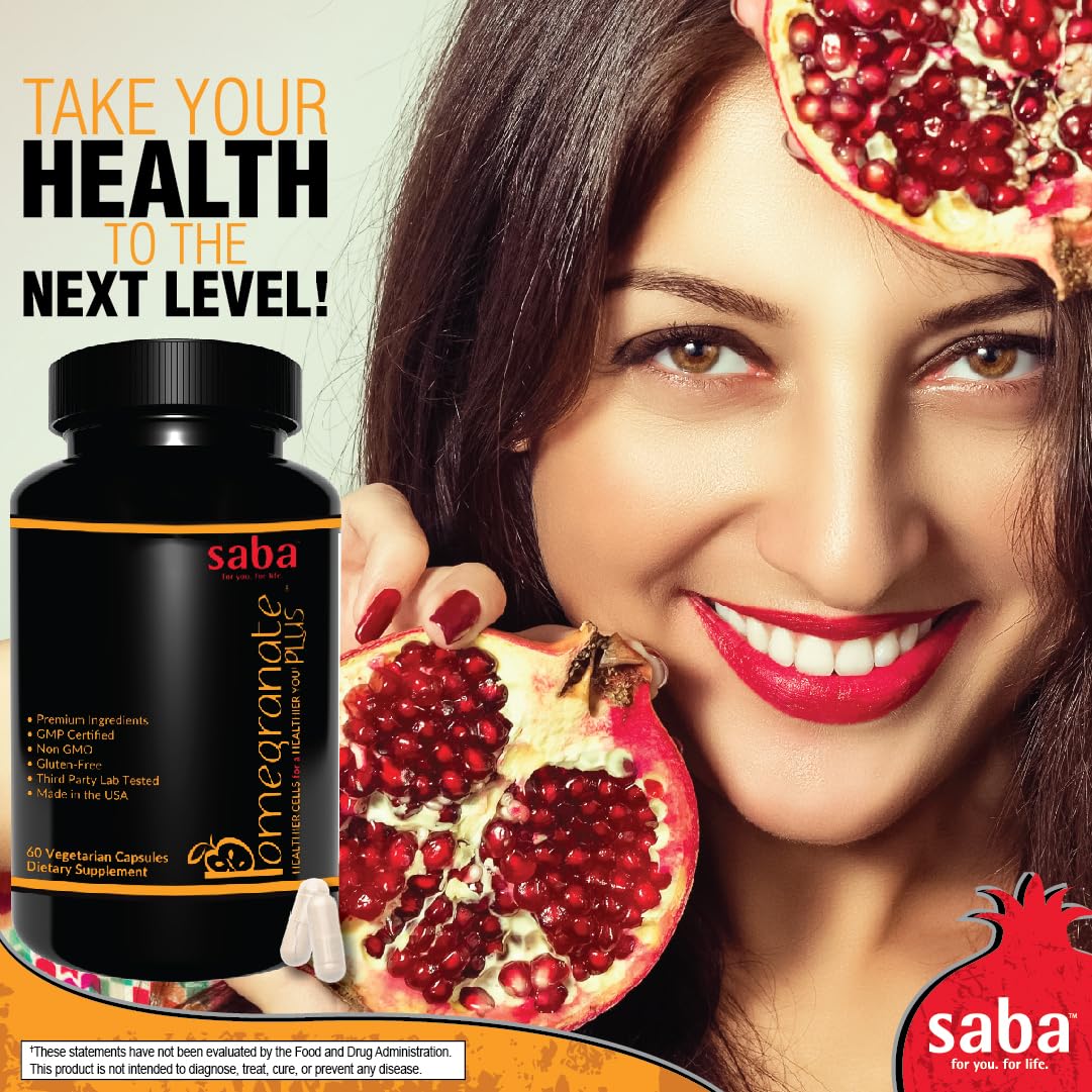 Saba Pomegranate Plus – Antioxidant Supplement with Astaxanthin & Adaptogens | Immune, Skin, Heart & Brain Support | Daily Stress & Cellular Wellness | 60 Capsules - TrustMedUSA