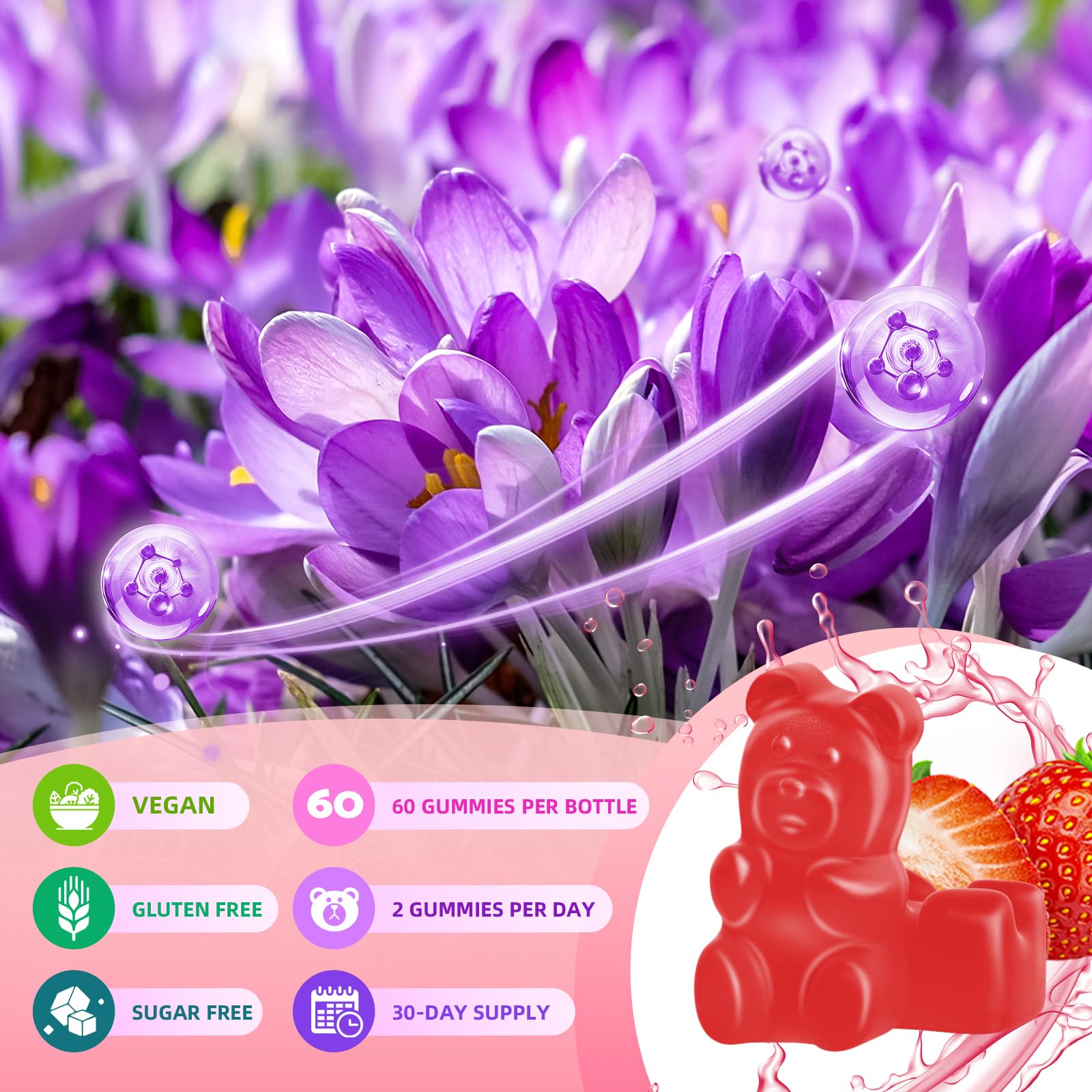 Saffron Gummies for Adult Kids, 10-IN-1 Formula with Saffron 88.5mg, Vitamins D3 & B6, Magnesium, Zinc, Ashwagandha, L-Theanine, St. John's Wort - Supports Mood & Focus, Strawberry Flavor, 60 Count - TrustMedUSA