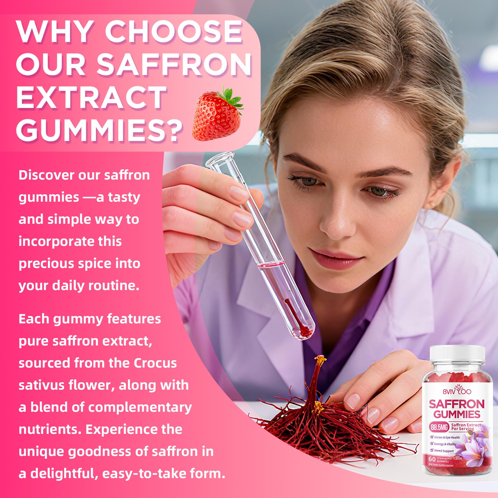 Saffron Gummies for Adult Kids, 10-IN-1 Formula with Saffron 88.5mg, Vitamins D3 & B6, Magnesium, Zinc, Ashwagandha, L-Theanine, St. John's Wort - Supports Mood & Focus, Strawberry Flavor, 60 Count - TrustMedUSA