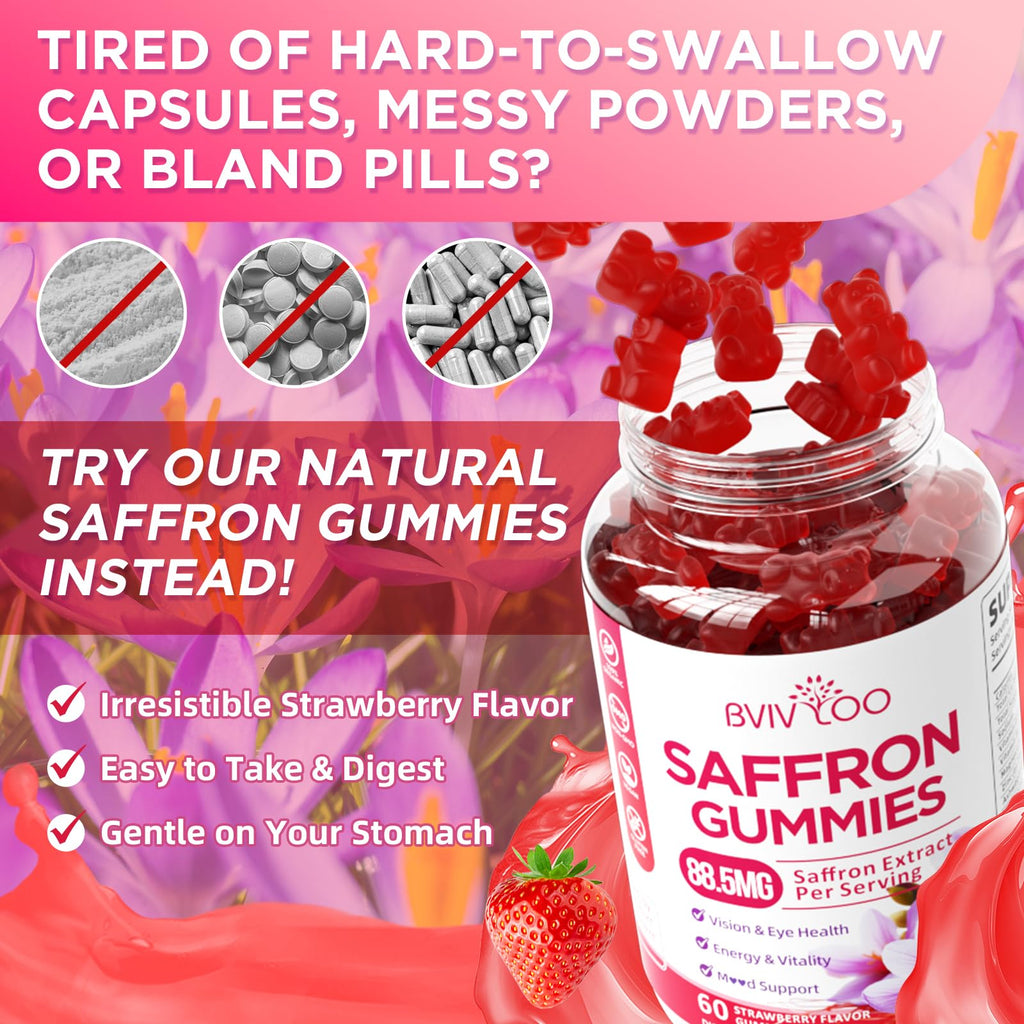 Saffron Gummies for Adult Kids, 10-IN-1 Formula with Saffron 88.5mg, Vitamins D3 & B6, Magnesium, Zinc, Ashwagandha, L-Theanine, St. John's Wort - Supports Mood & Focus, Strawberry Flavor, 60 Count - TrustMedUSA